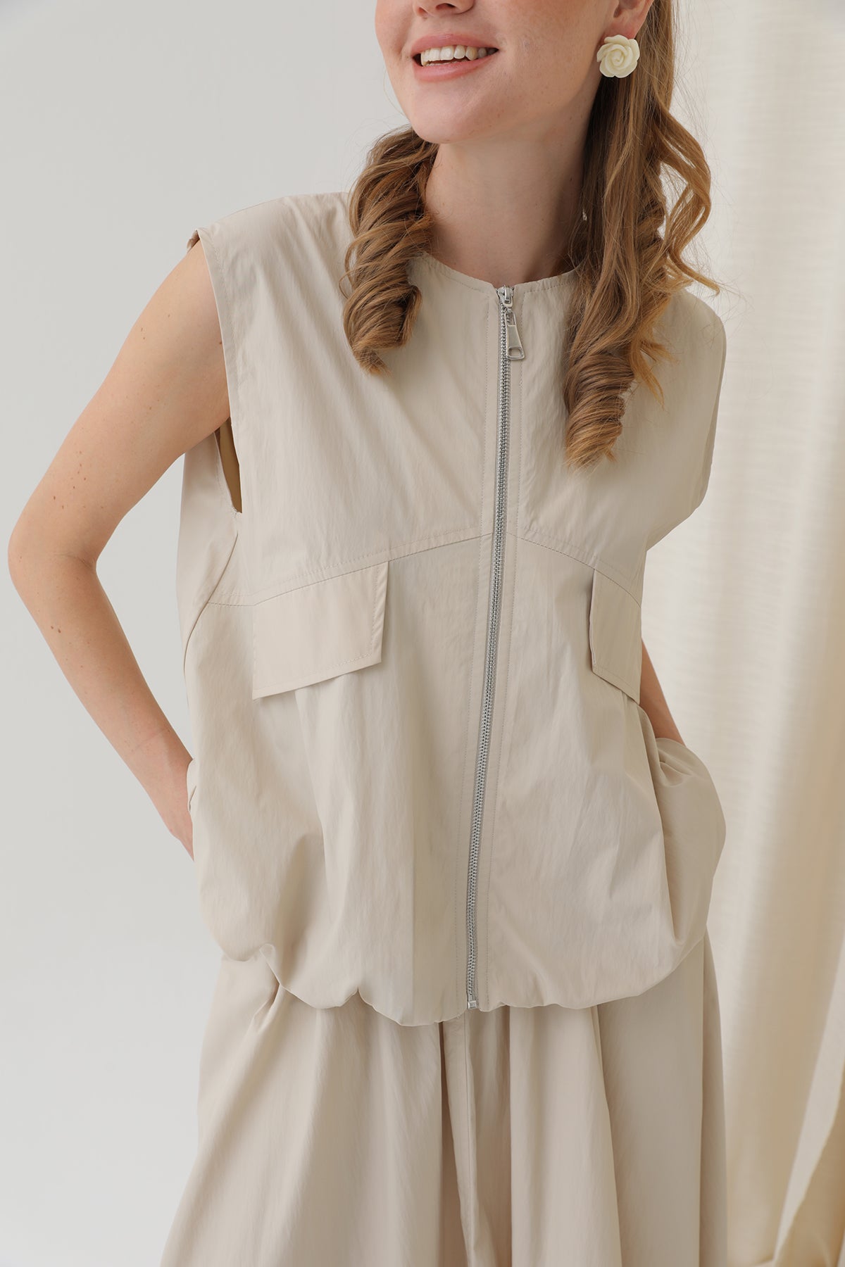 Kadın Oversize Fermuarlı Yelek - 32128YLK BEIGE