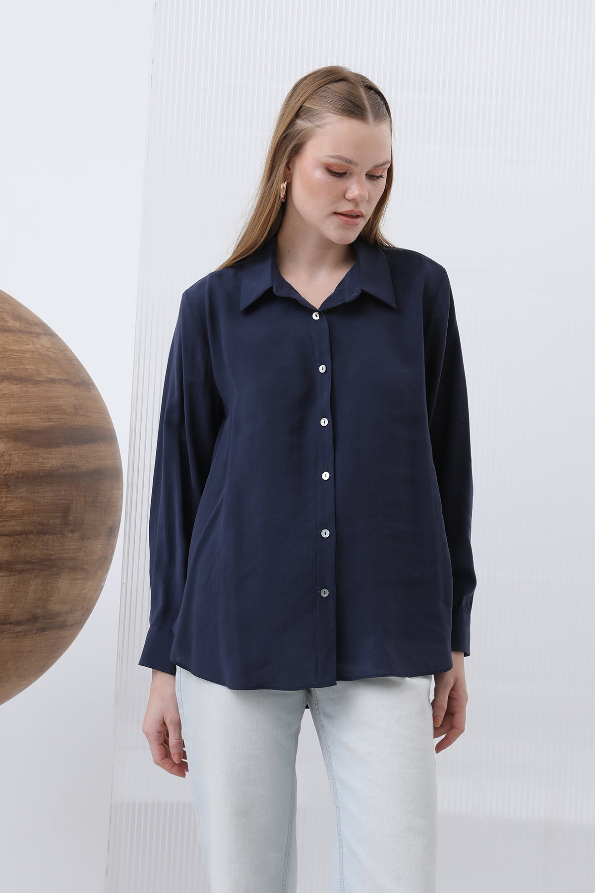 Kadın Basic Gömlek -32207GML NAVY
