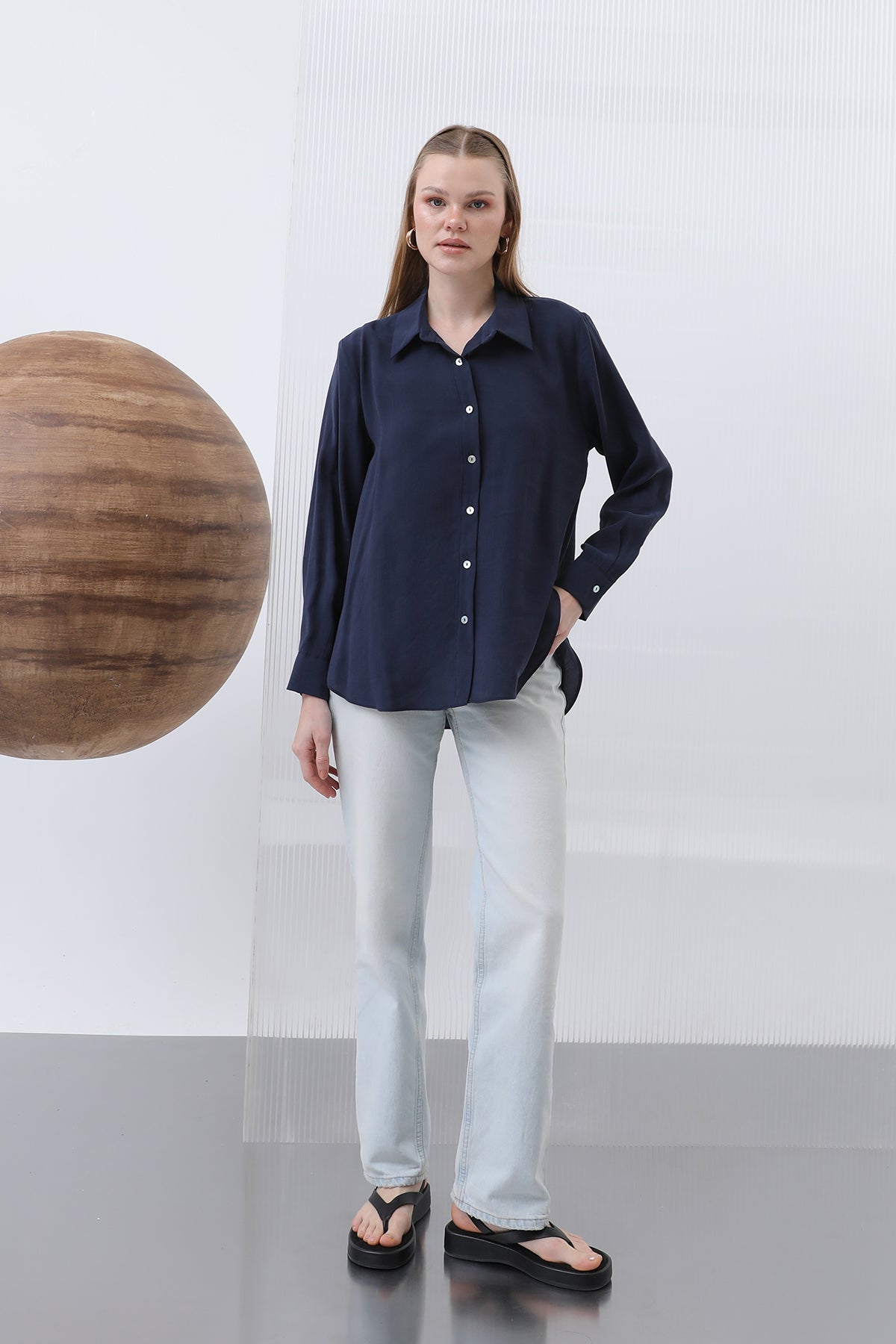 Kadın Basic Gömlek -32207GML NAVY