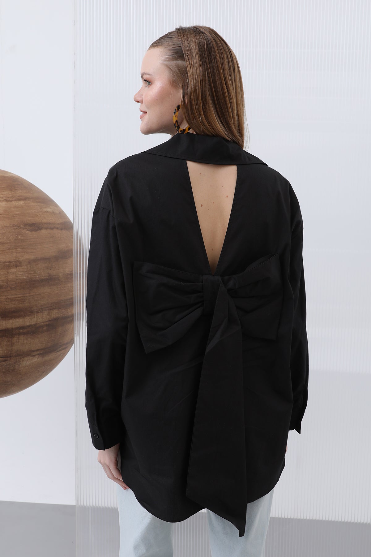 Kadın Arkası Fiyonklu Gömlek - 32210GML BLACK