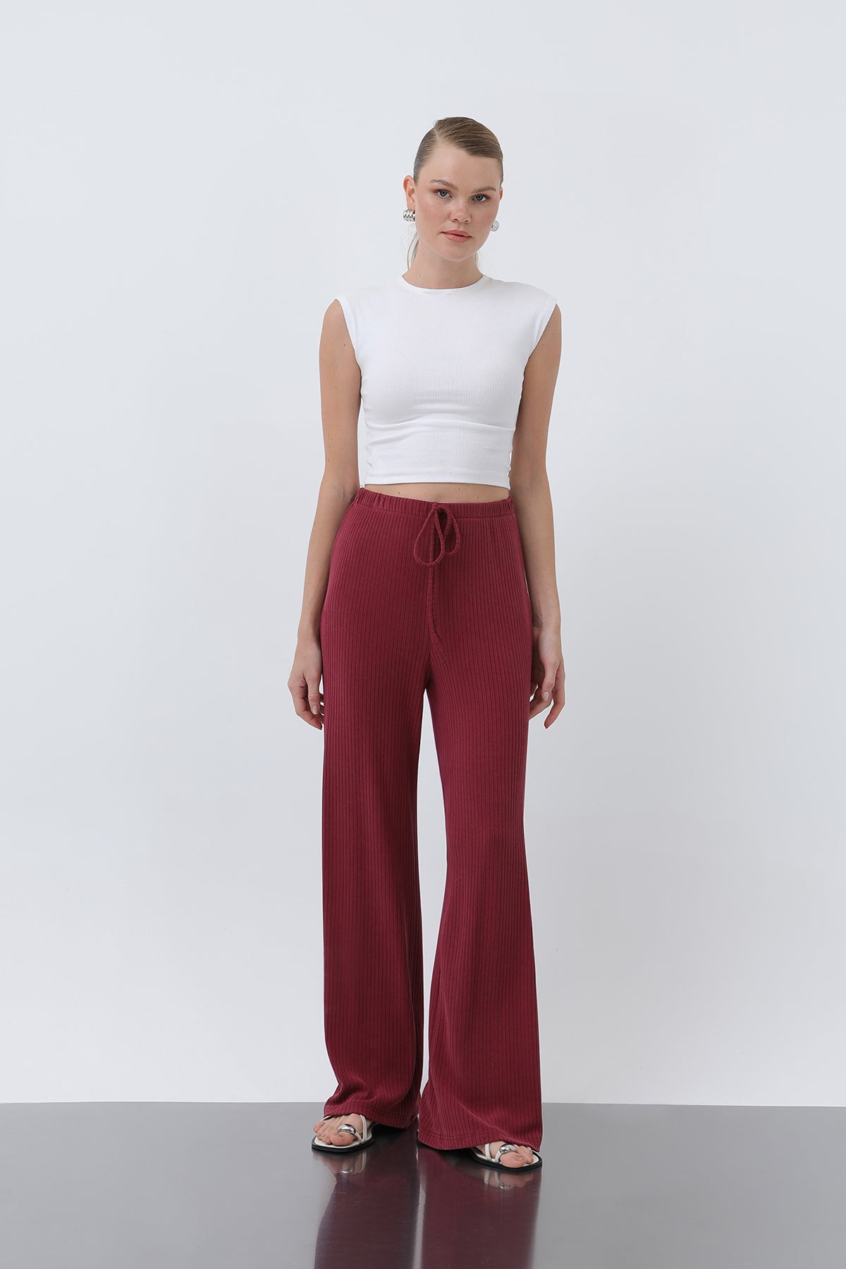 Kadın Fitilli Belden Bağlamalı Pantolon -32224PNT BURGUNDY