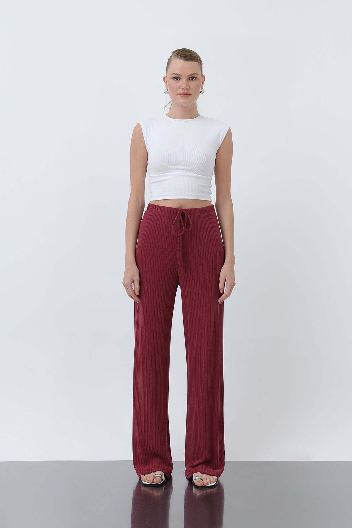 Kadın Fitilli Belden Bağlamalı Pantolon -32224PNT BURGUNDY