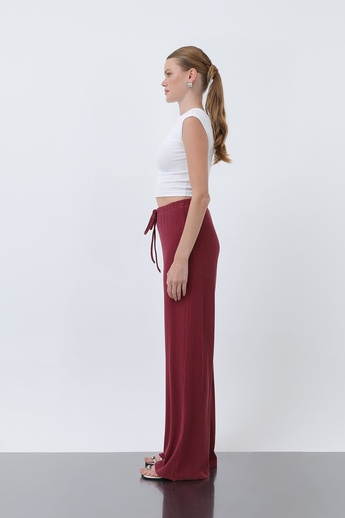 Kadın Fitilli Belden Bağlamalı Pantolon -32224PNT BURGUNDY