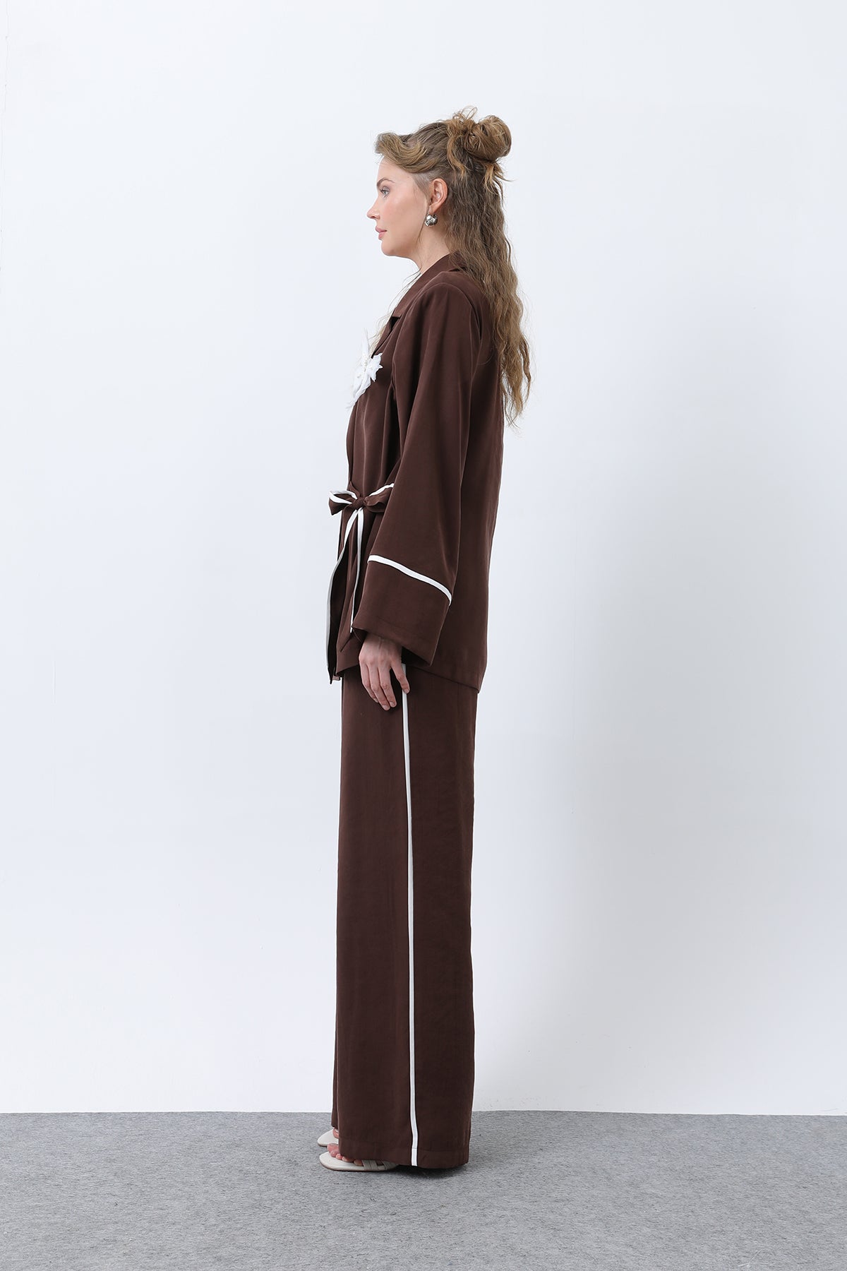 Kadın Kelebekli Kimona Pantolon Takım -32229TKS BROWN