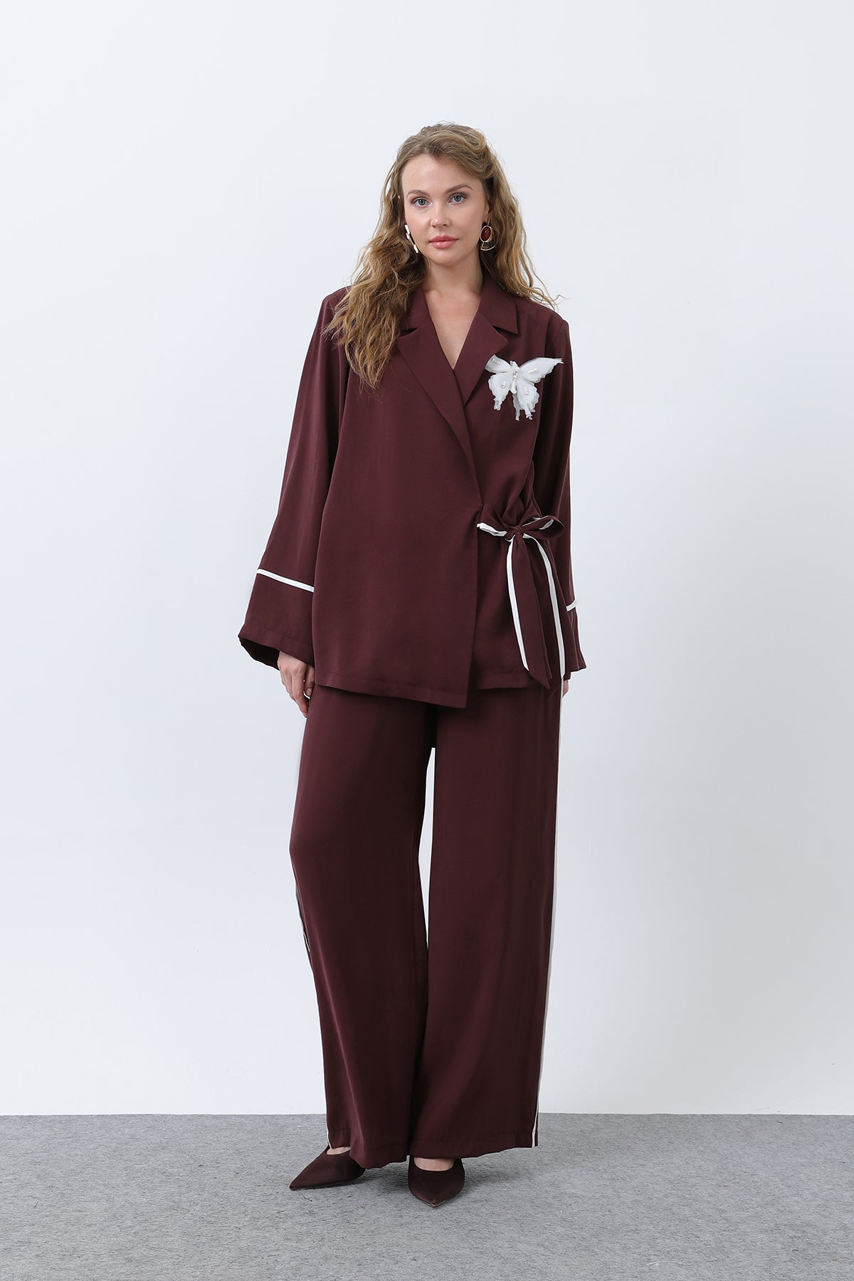 Kadın Kelebekli Kimona Pantolon Takım -32229TKS BURGUNDY