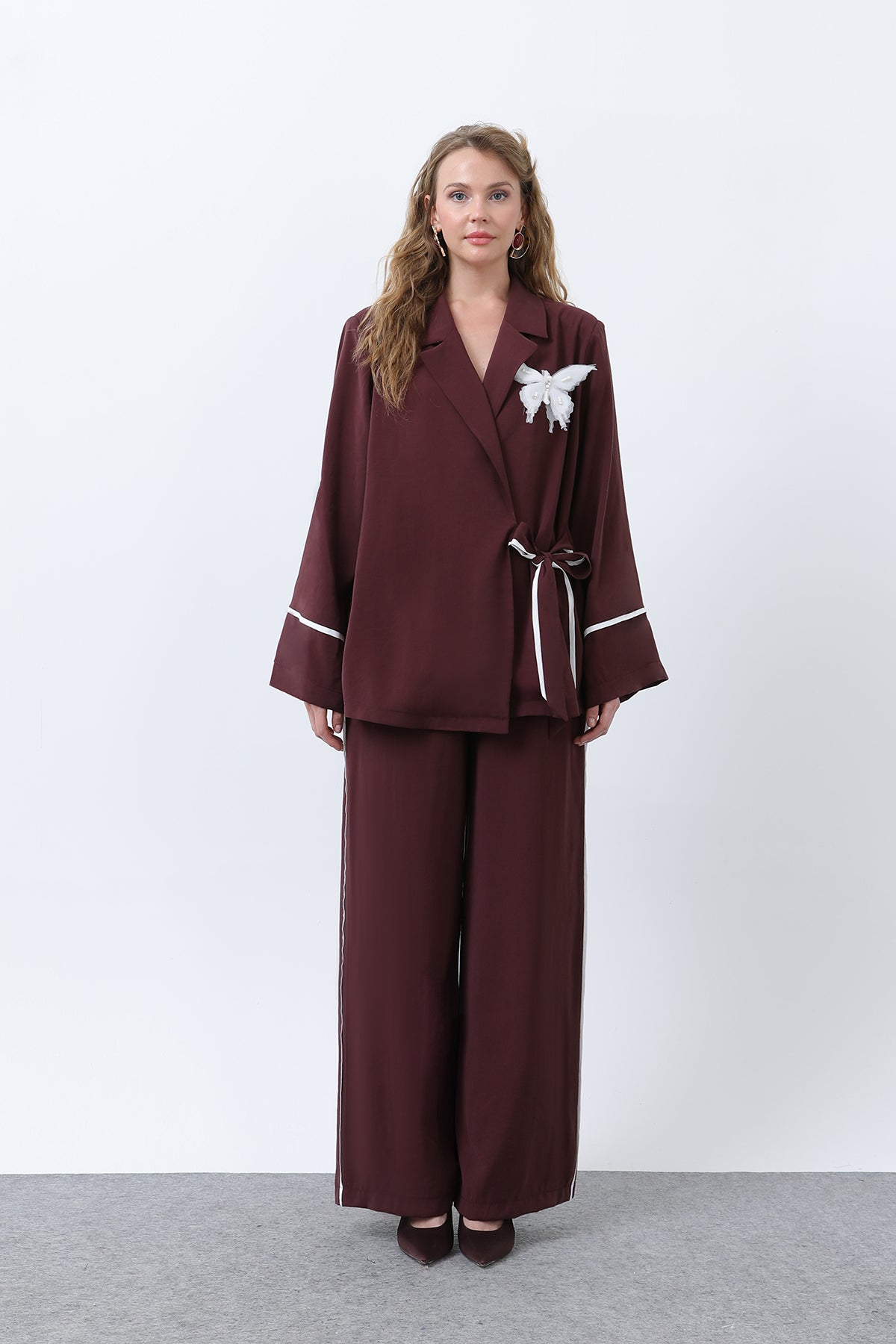 Kadın Kelebekli Kimona Pantolon Takım -32229TKS BURGUNDY