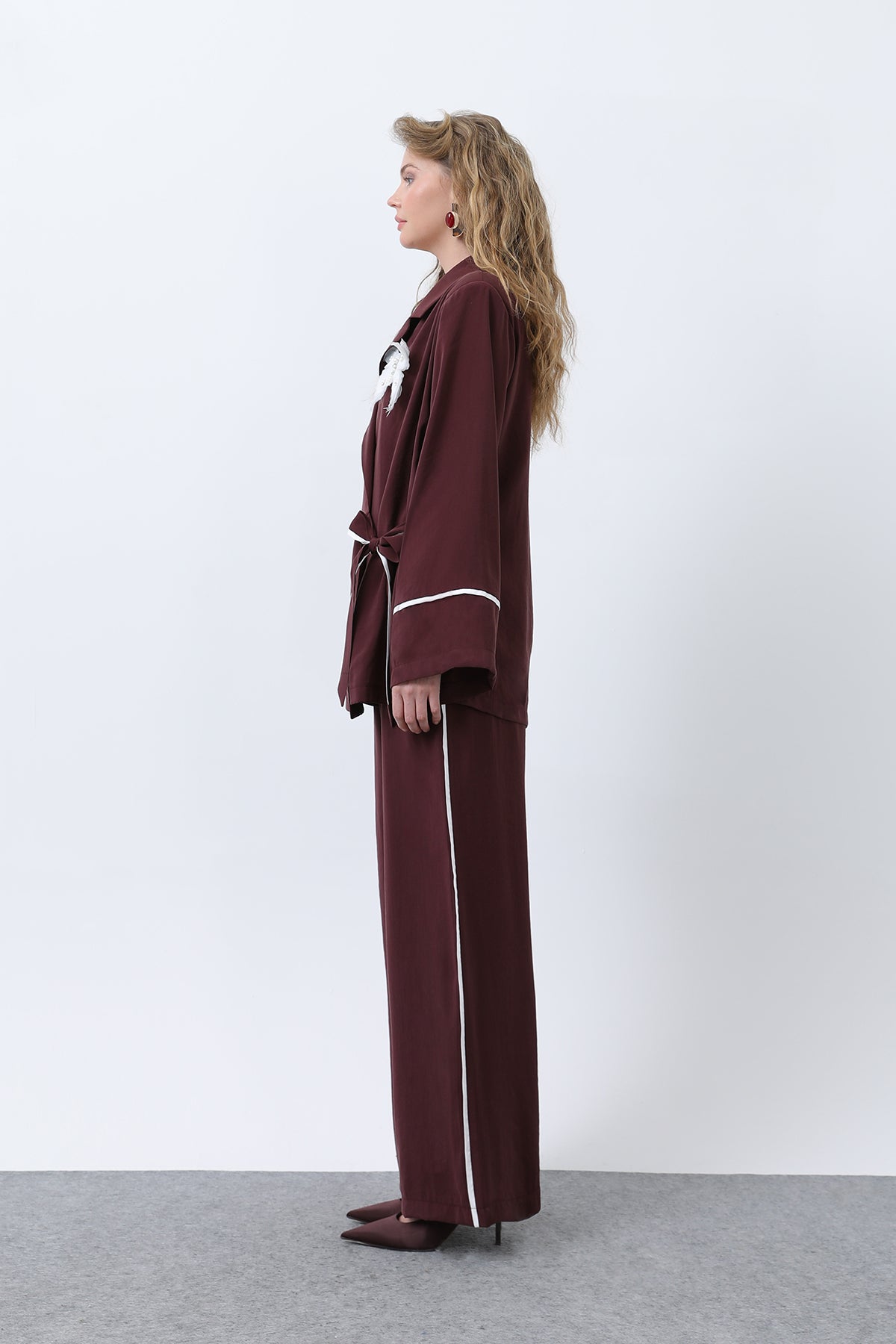 Kadın Kelebekli Kimona Pantolon Takım -32229TKS BURGUNDY