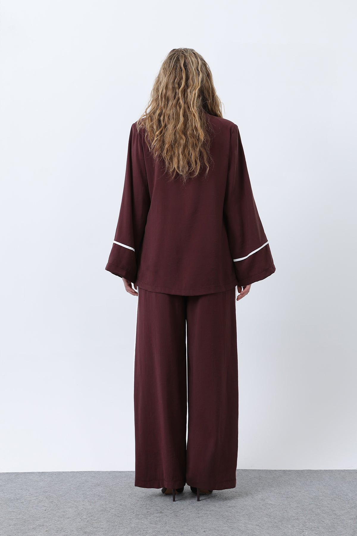 Kadın Kelebekli Kimona Pantolon Takım -32229TKS BURGUNDY