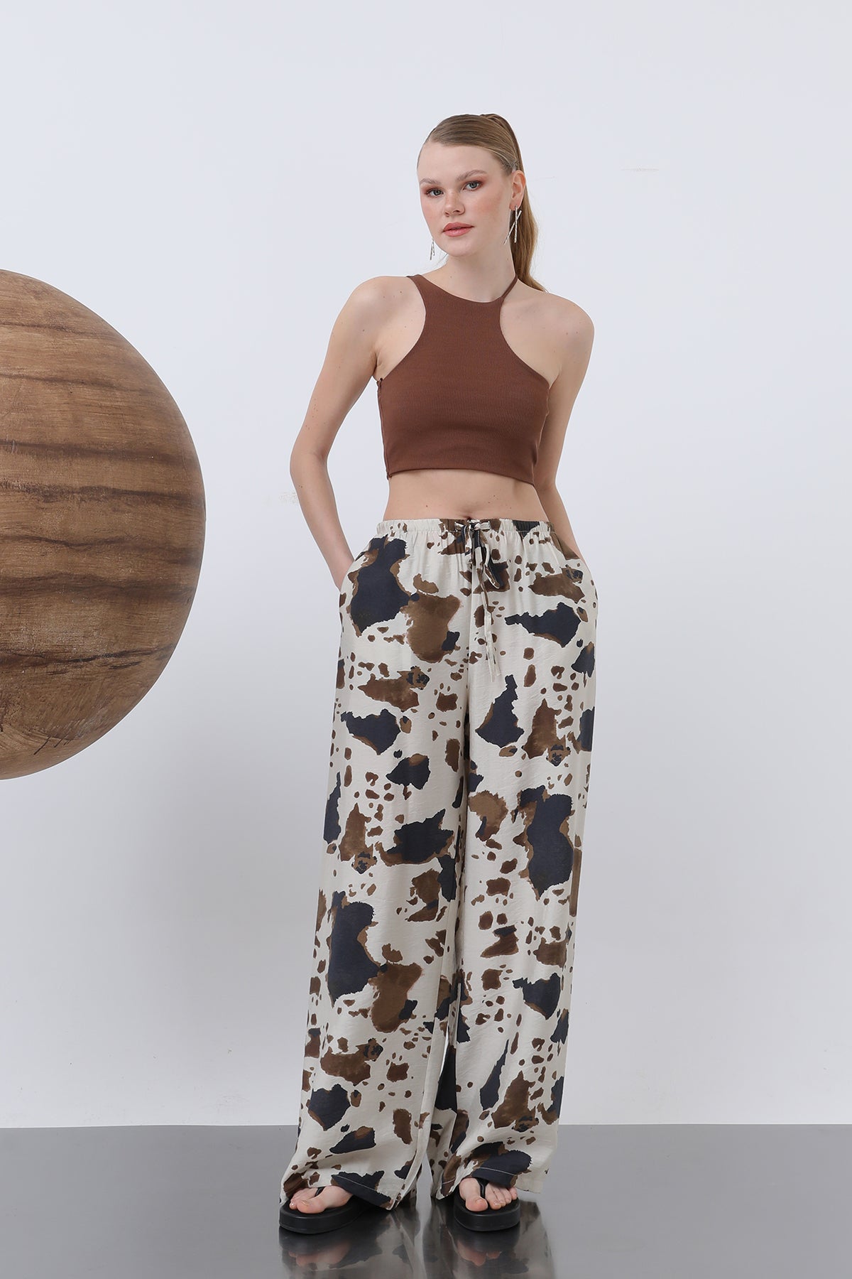 Kadın Desenli Bol Pantolon -32230PNT BEIGE-BROWN