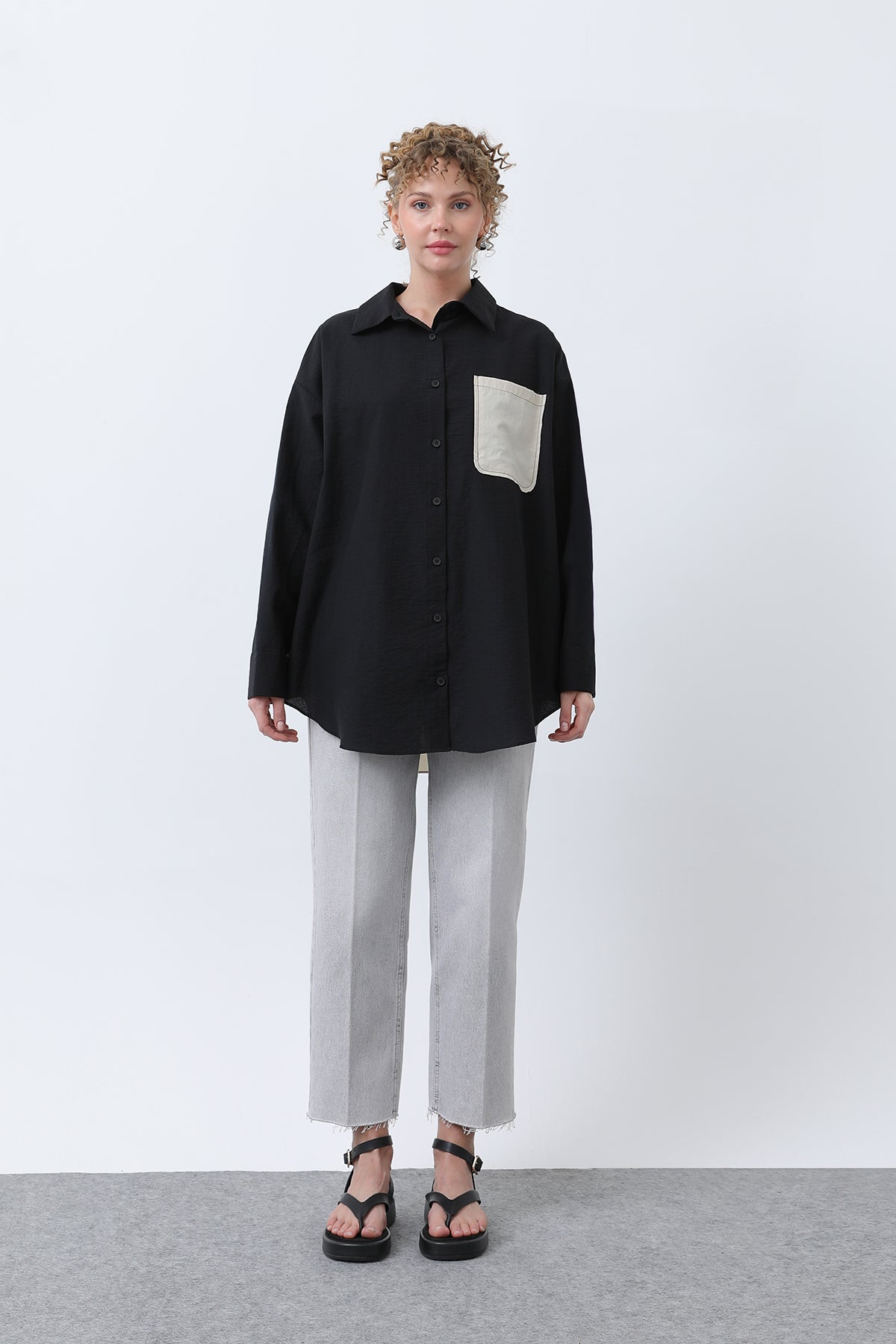 Kadın Arkası Nakışlı Gömlek -32232GML BLACK-BEIGE