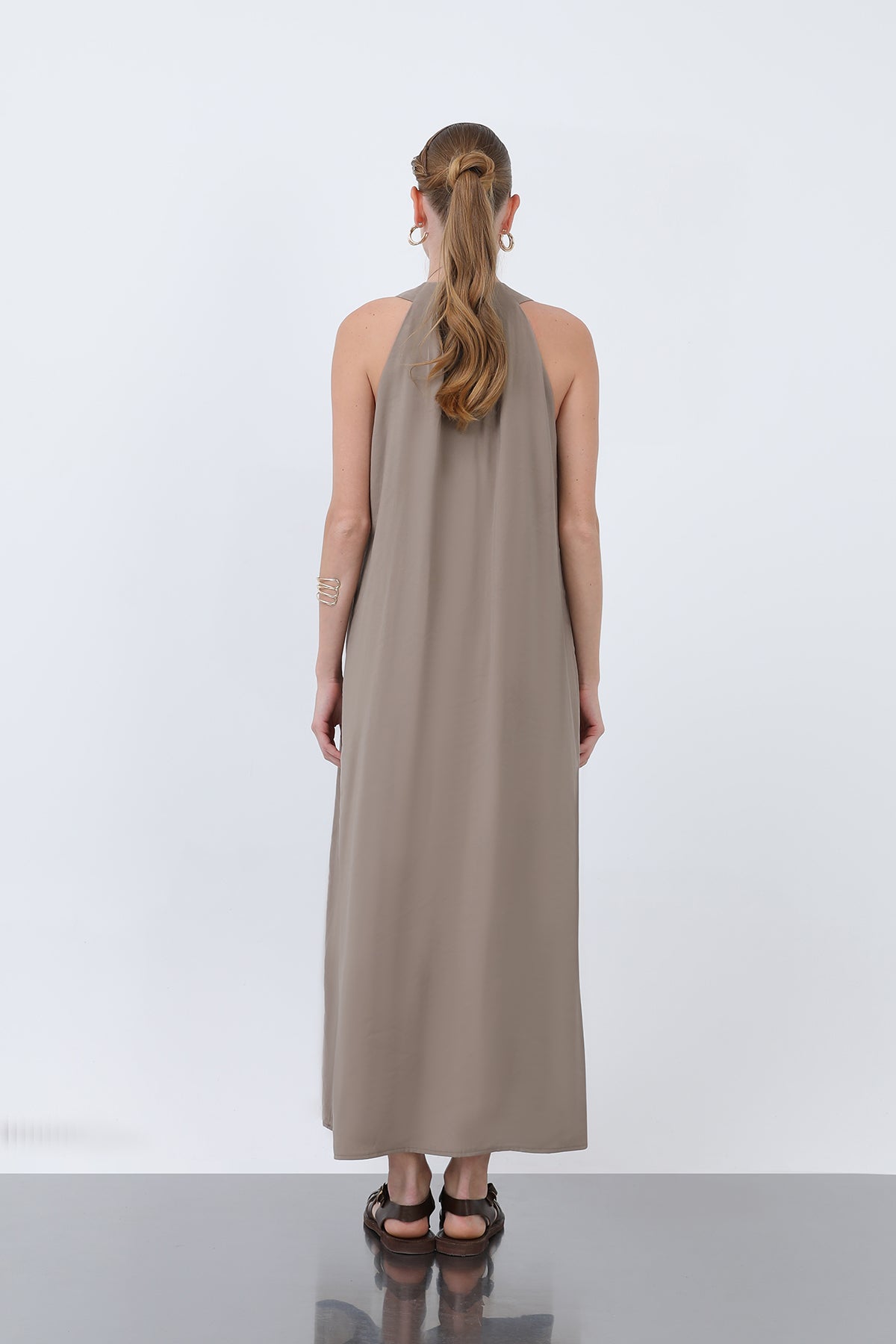 Kadın Yakası Üçgen Askılı Midi Elbise -32241ELB MINK