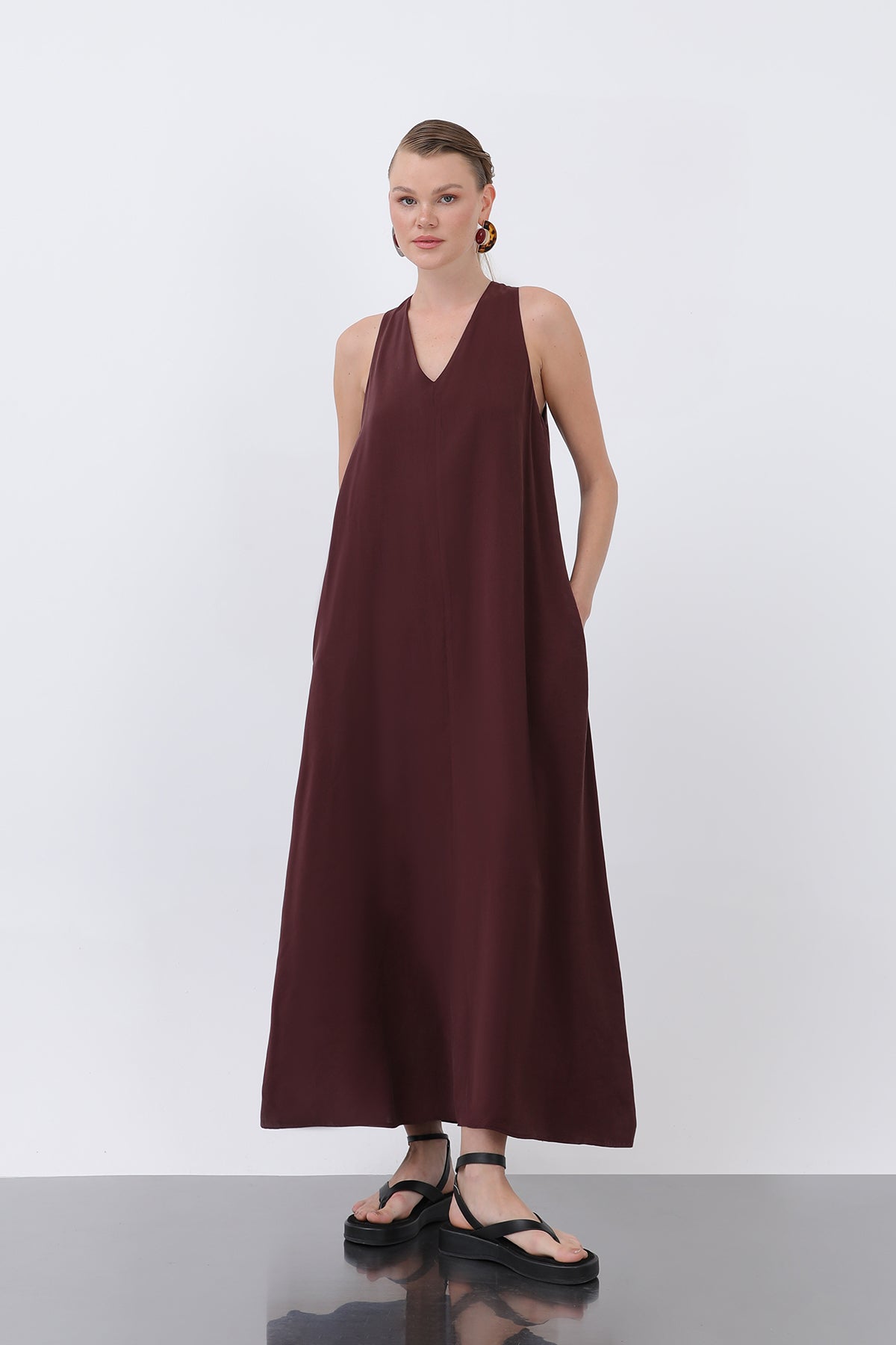Kadın Yakası Üçgen Askılı Midi Elbise -32241ELB BURGUNDY