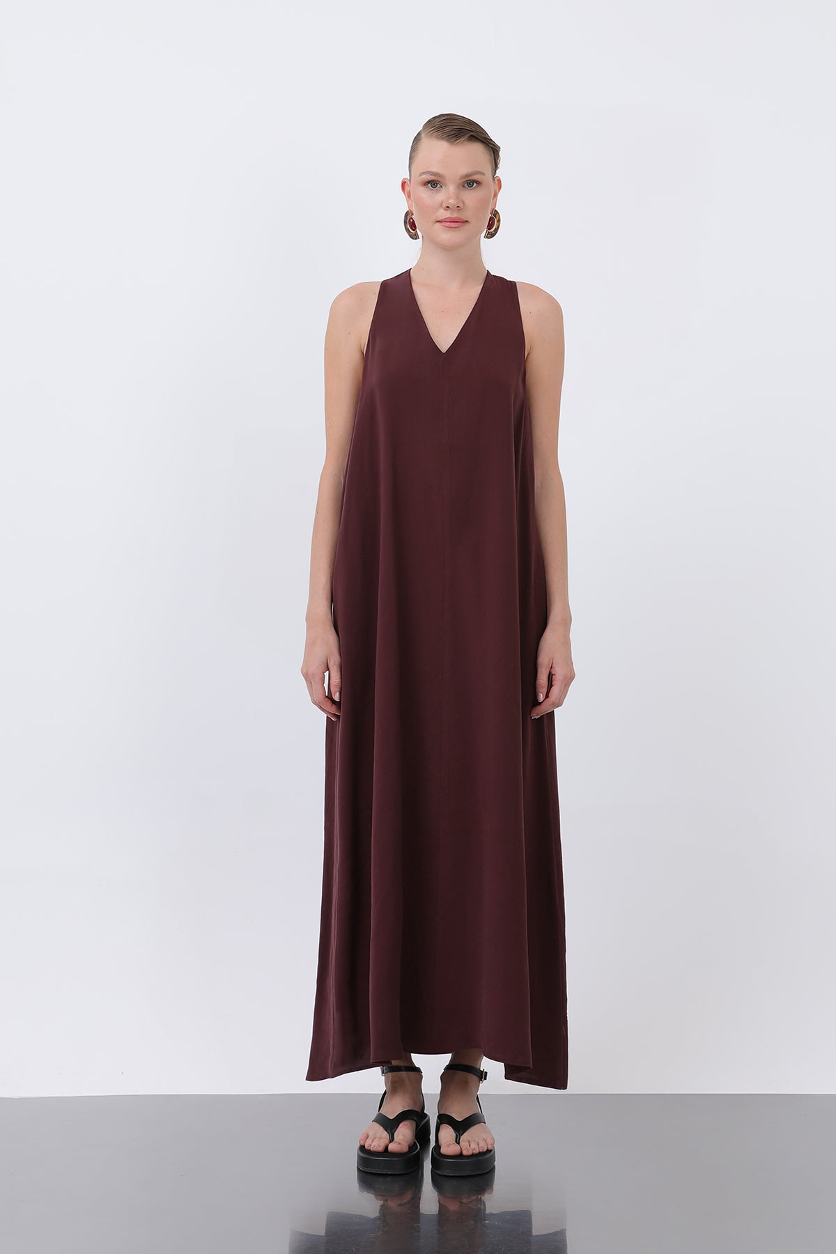 Kadın Yakası Üçgen Askılı Midi Elbise -32241ELB BURGUNDY