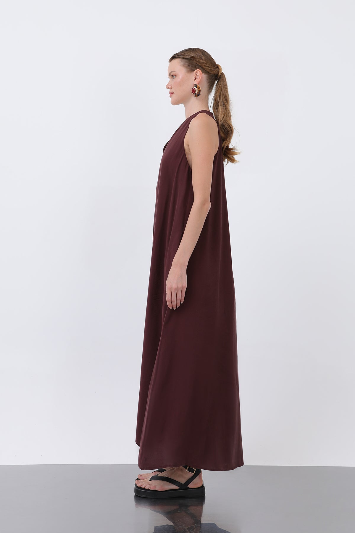 Kadın Yakası Üçgen Askılı Midi Elbise -32241ELB BURGUNDY