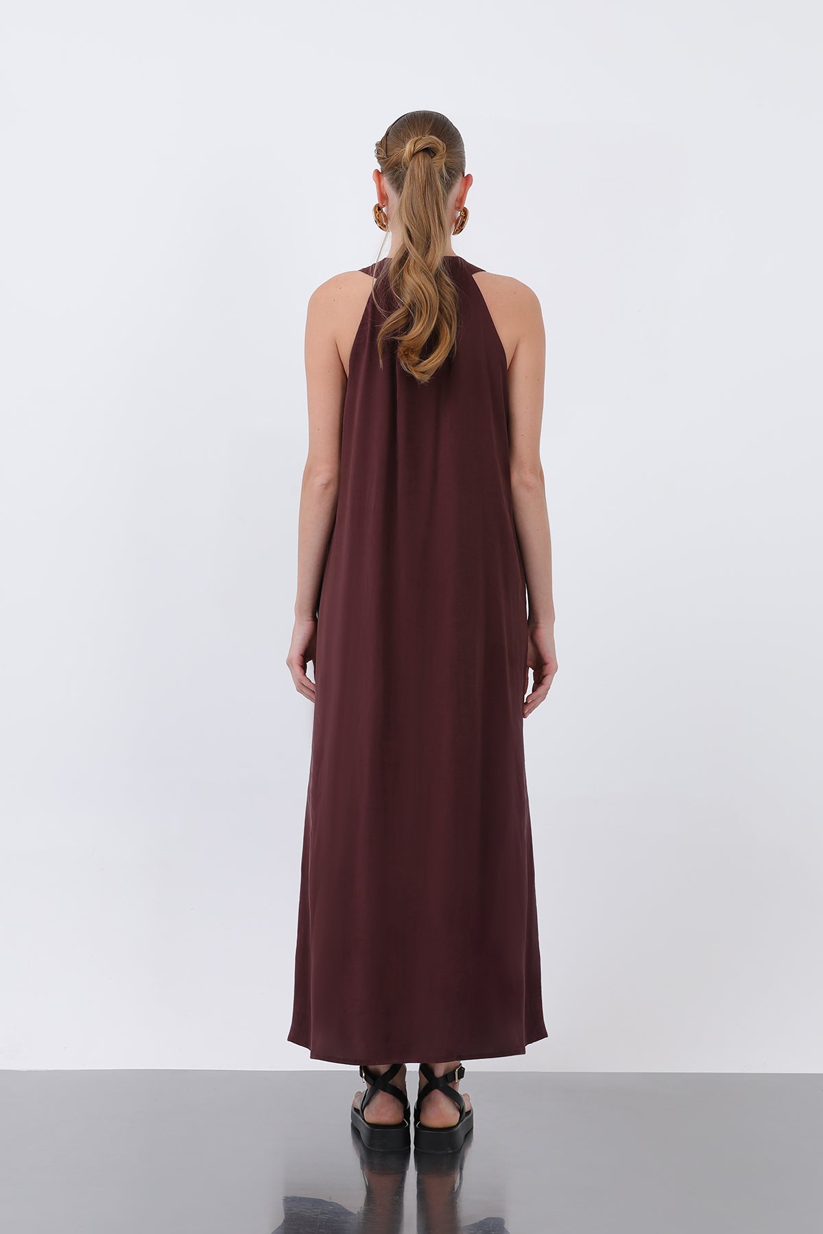Kadın Yakası Üçgen Askılı Midi Elbise -32241ELB BURGUNDY