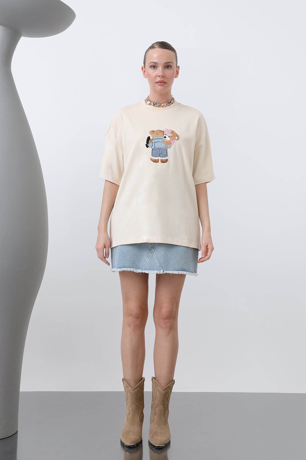 Ayıcık Nakışlı Basic Tshirt -32253TSH BEIGE