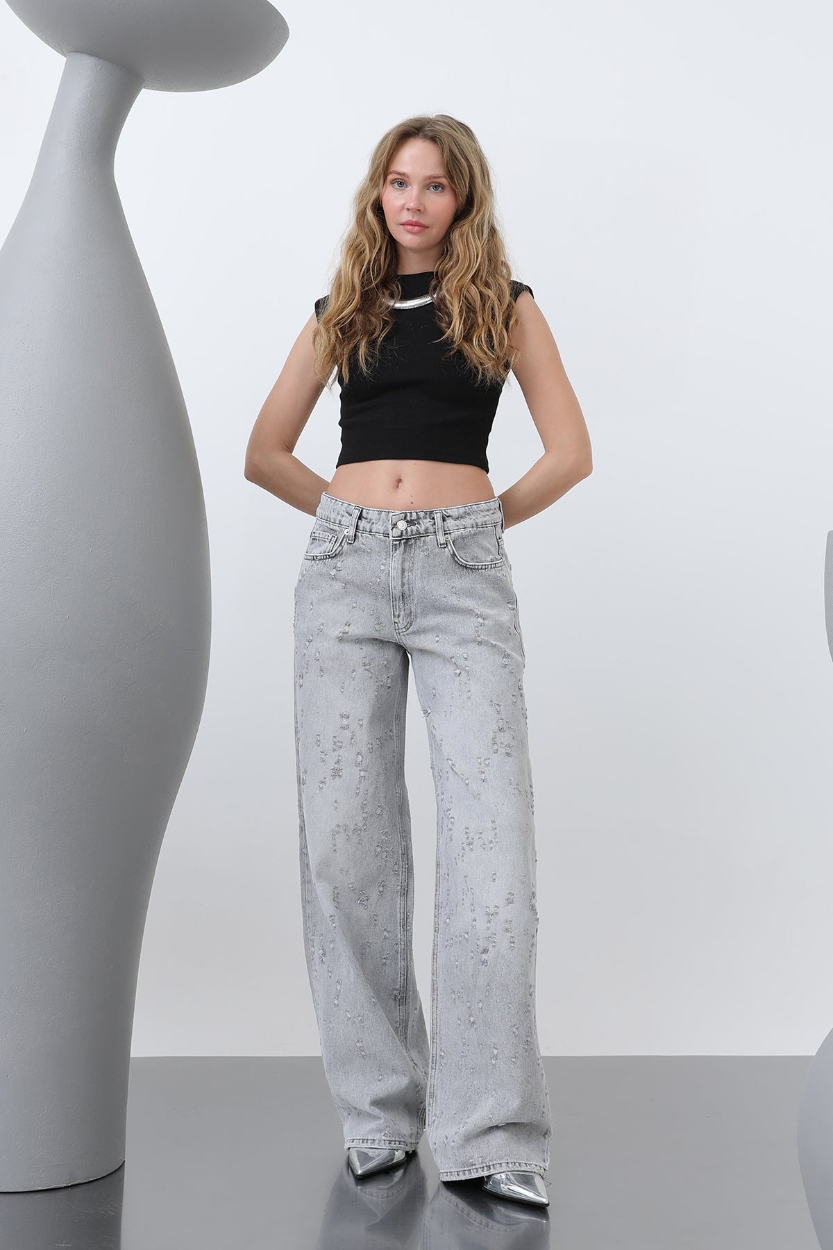 Kadın Basic Bol Denim Pantolon -32277PNT GREY