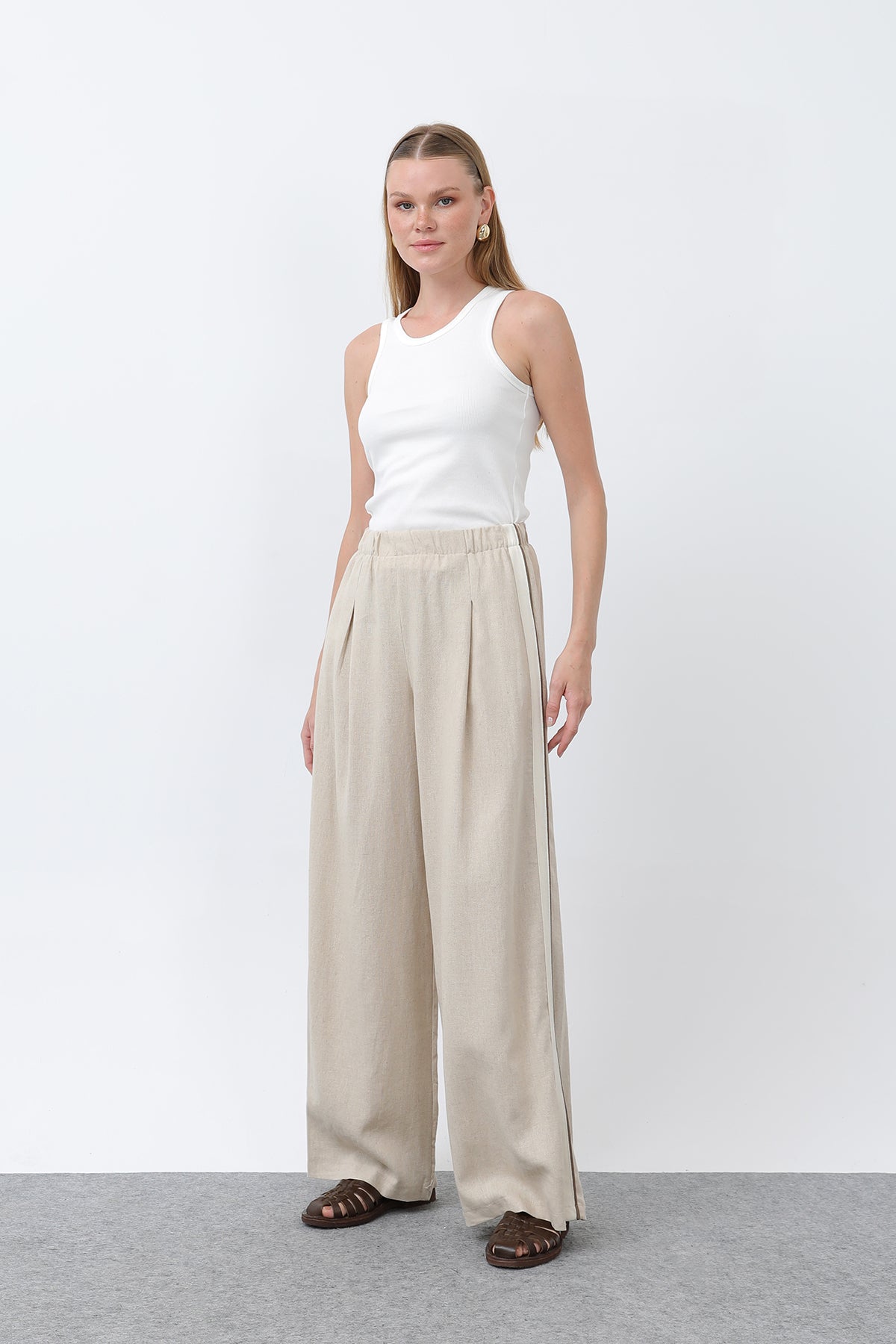 Kadın Yanları Grogrenli Belden Lastikli Pantolon -32302PNT BEIGE-BROWN