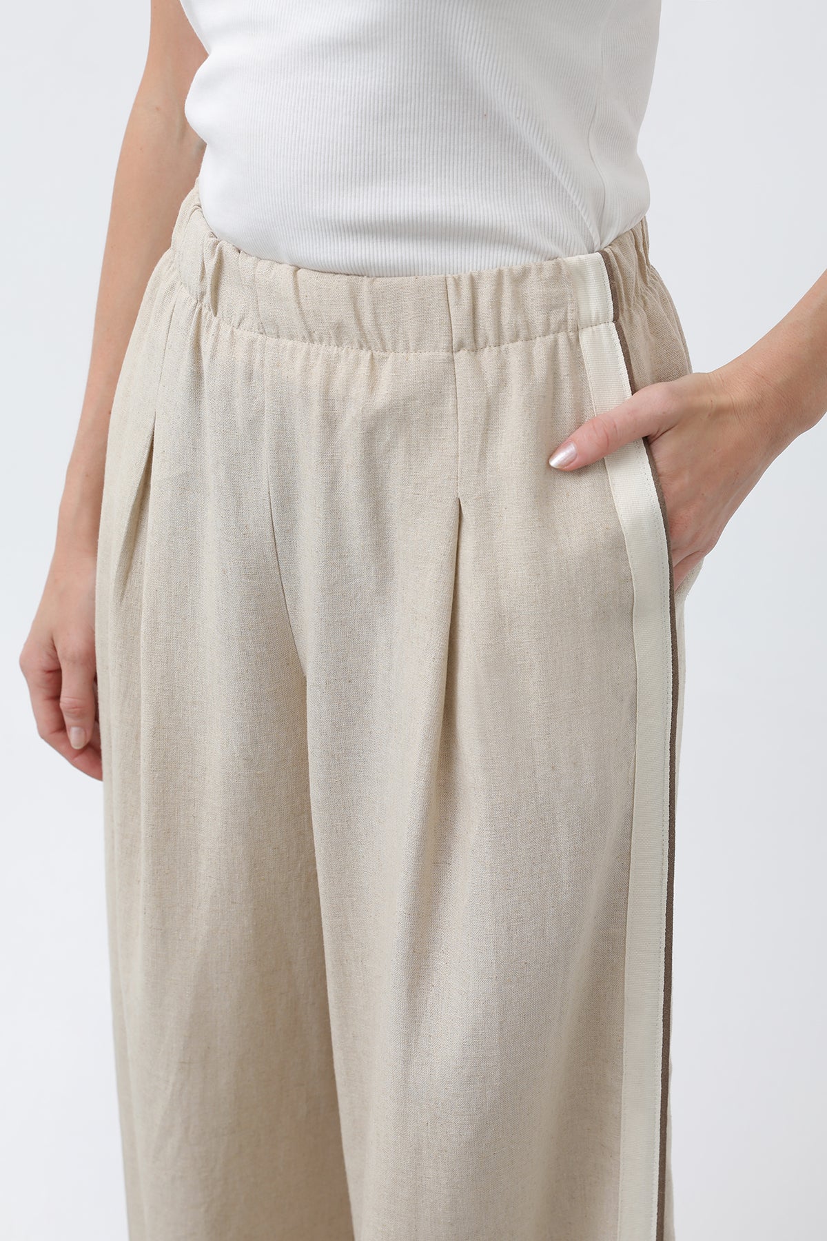 Kadın Yanları Grogrenli Belden Lastikli Pantolon -32302PNT BEIGE-BROWN