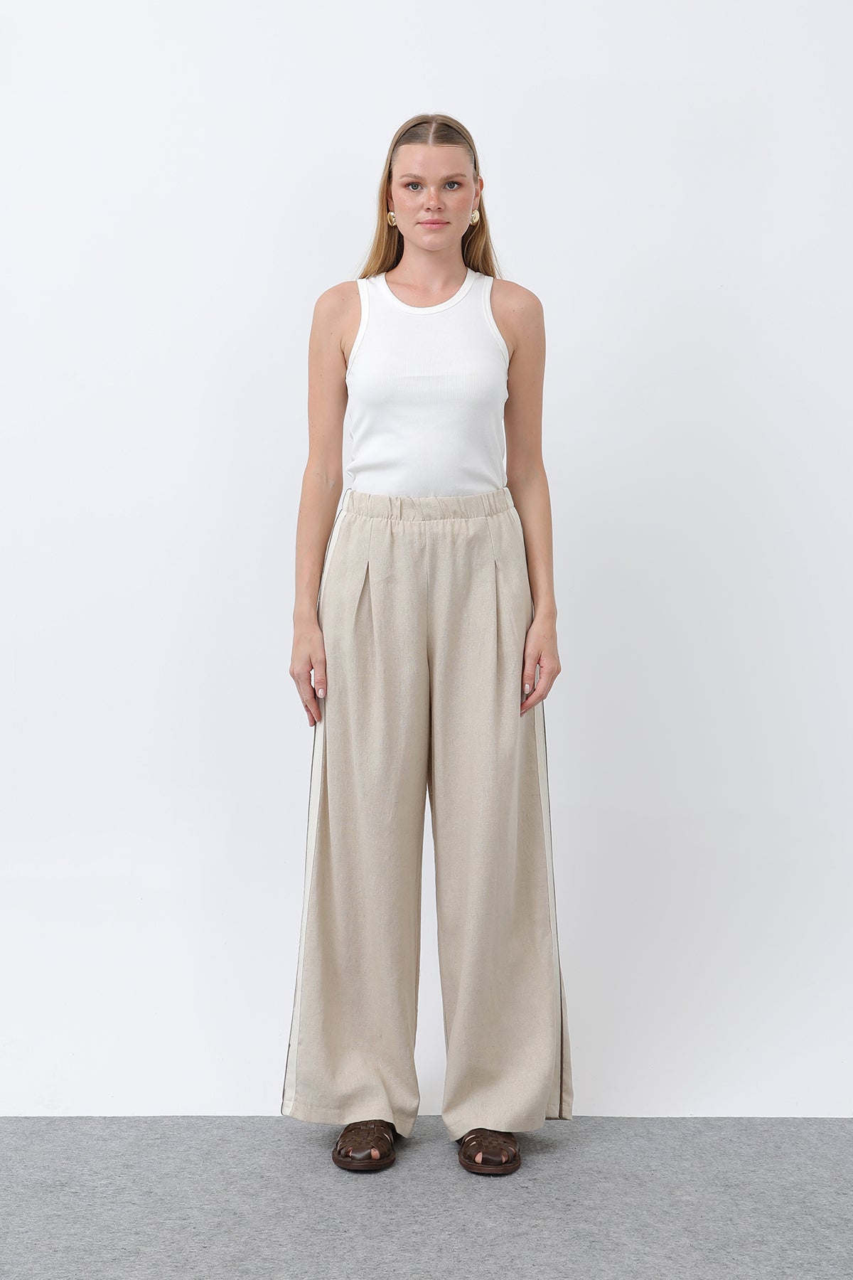 Kadın Yanları Grogrenli Belden Lastikli Pantolon -32302PNT BEIGE-BROWN