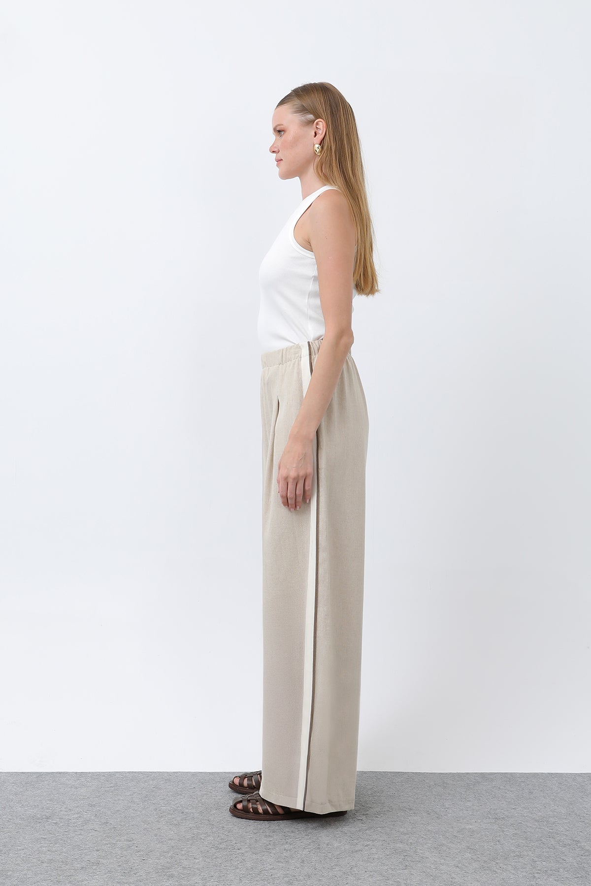 Kadın Yanları Grogrenli Belden Lastikli Pantolon -32302PNT BEIGE-BROWN