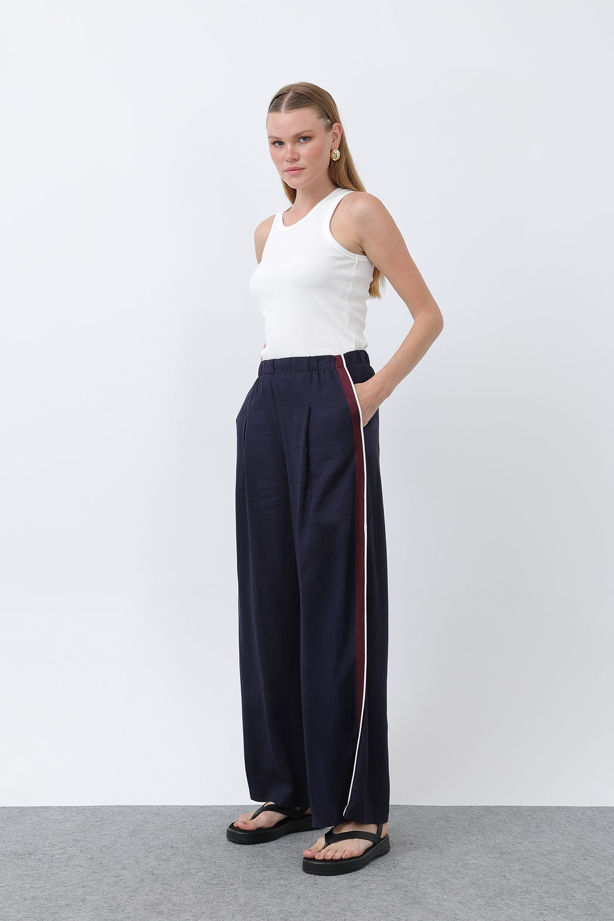 Kadın Yanları Grogrenli Belden Lastikli Pantolon -32302PNT NAVY-ECRU