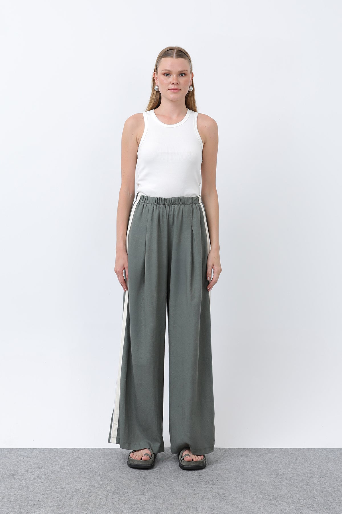 Kadın Yanları Grogrenli Belden Lastikli Pantolon -32302PNT KHAKI-ECRU