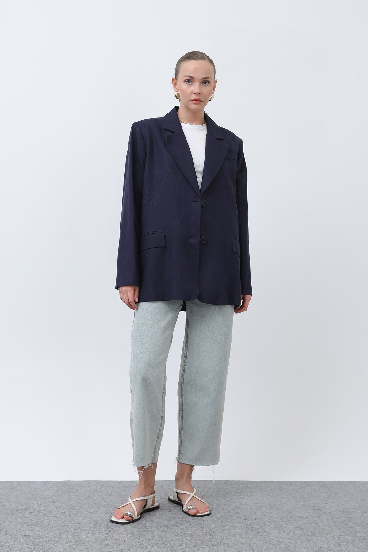 Kadın Keten Blazer Ceket -32303CKT NAVY