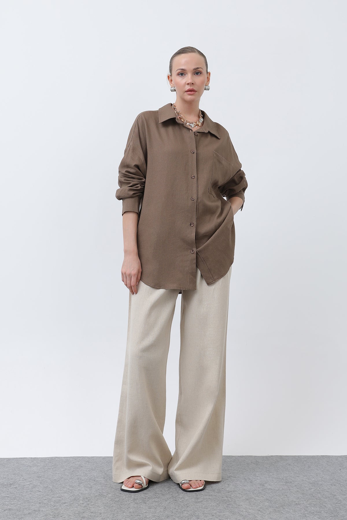 Kadın Basic Keten Gömlek - 32307GML BROWN