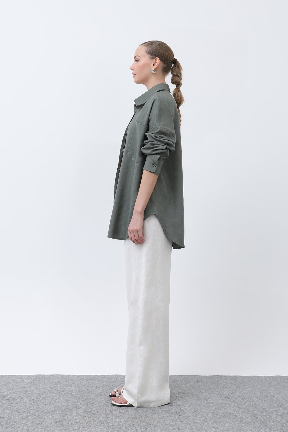 Kadın Basic Keten Gömlek - 32307GML KHAKI