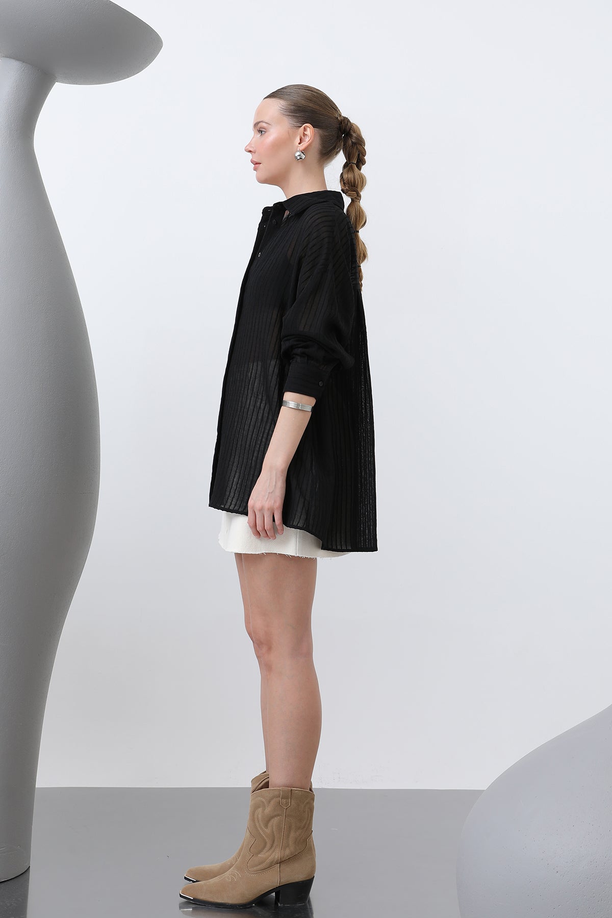 Kadın Çizgili Gömlek - 32320GML BLACK