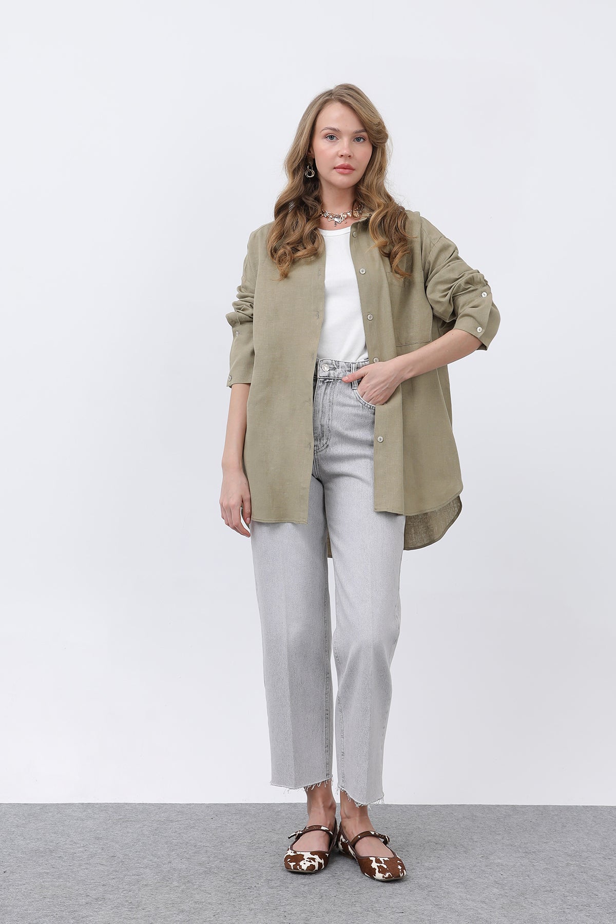 Kadın Basic Keten Gömlek - 32328GML KHAKI