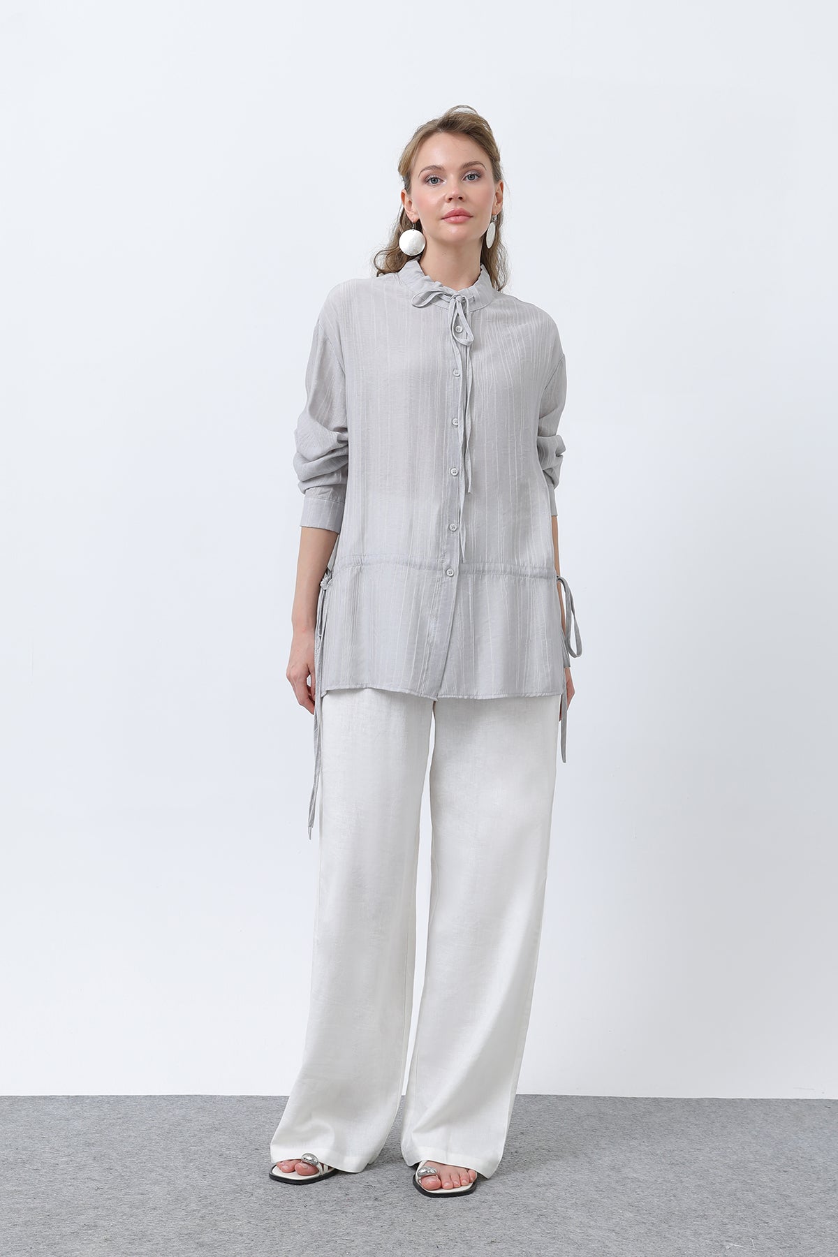 Kadın Bel Büzgü Detaylı Gömlek -32358GML GREY