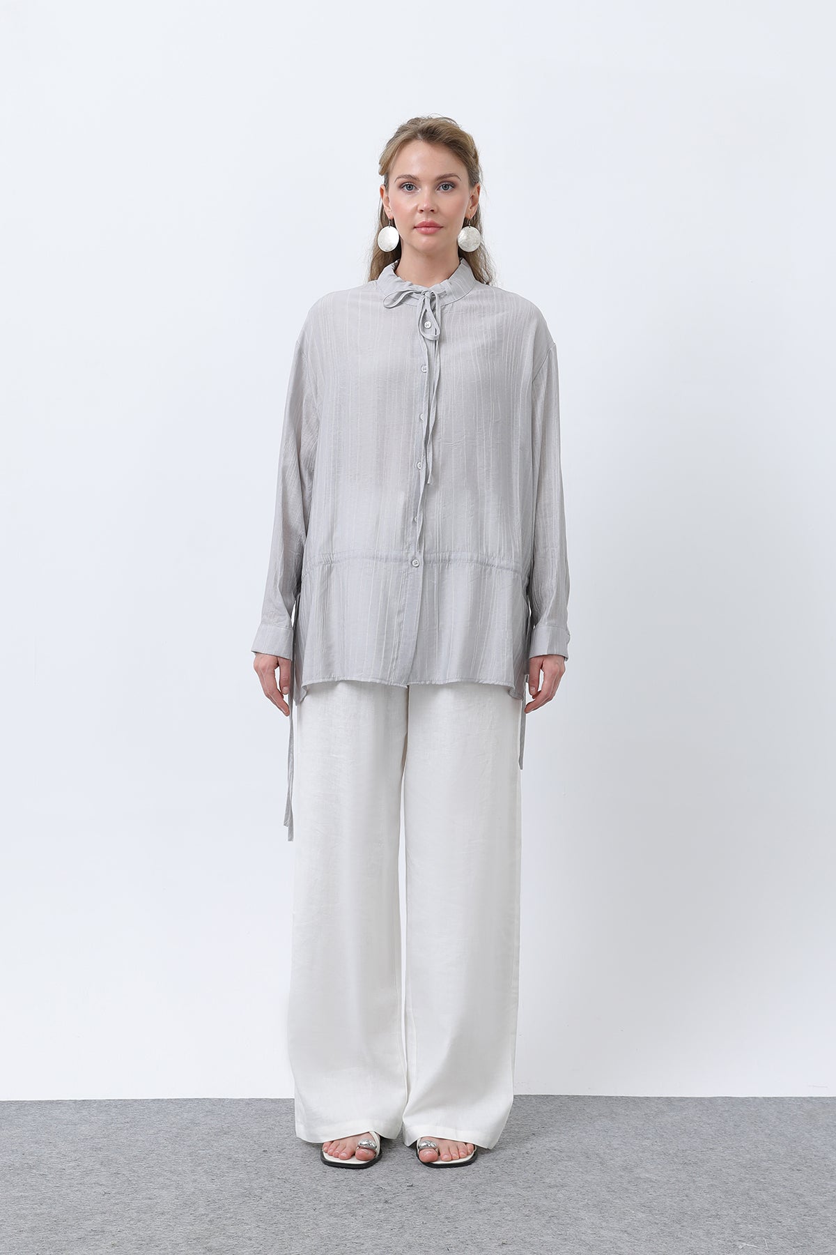 Kadın Bel Büzgü Detaylı Gömlek -32358GML GREY
