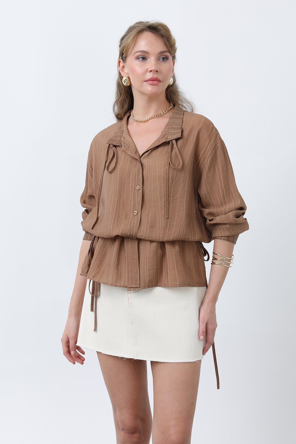 Kadın Bel Büzgü Detaylı Gömlek -32358GML BROWN