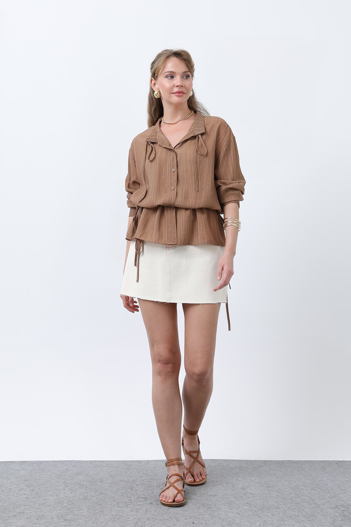 Kadın Bel Büzgü Detaylı Gömlek -32358GML BROWN