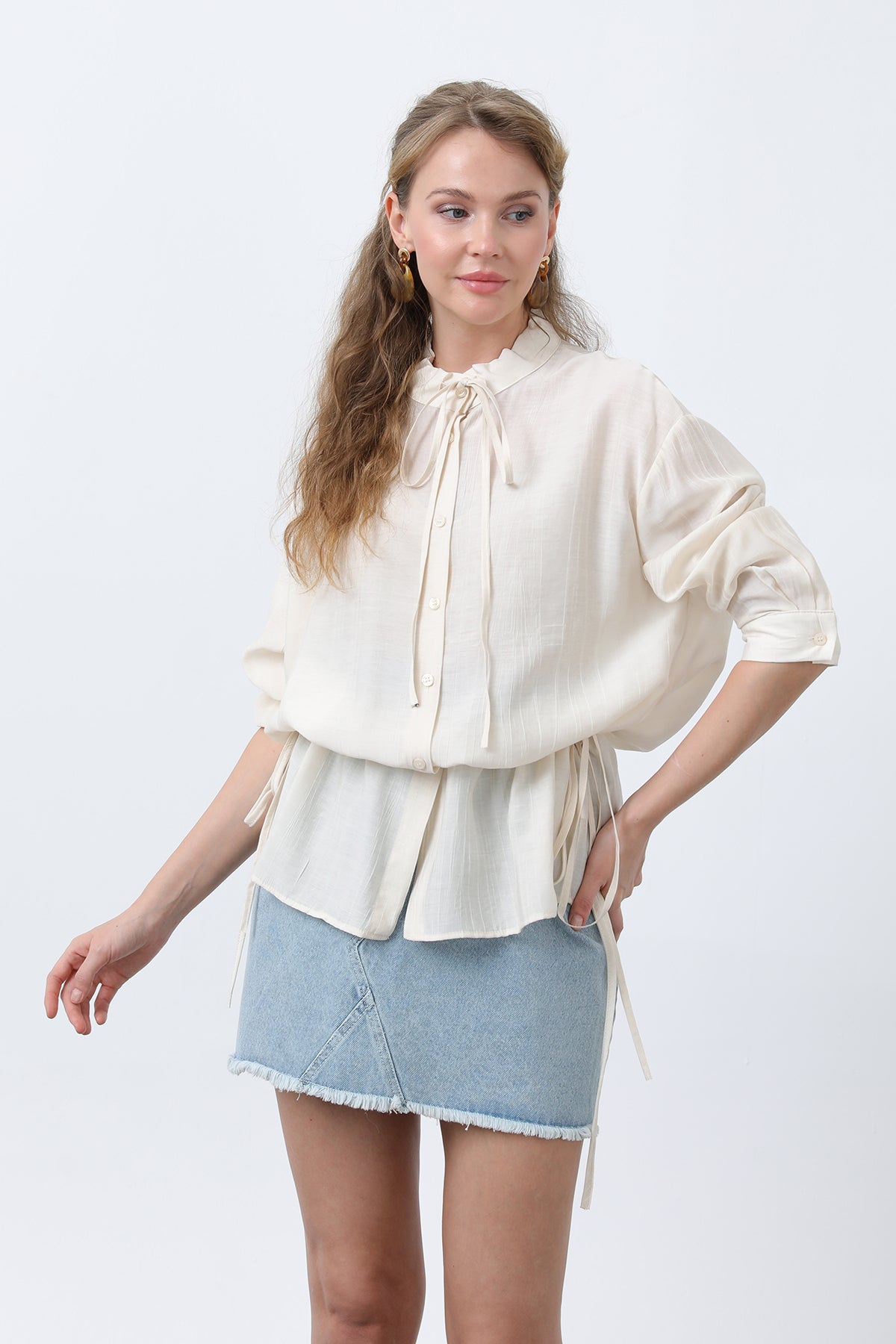 Kadın Bel Büzgü Detaylı Gömlek -32358GML BEIGE
