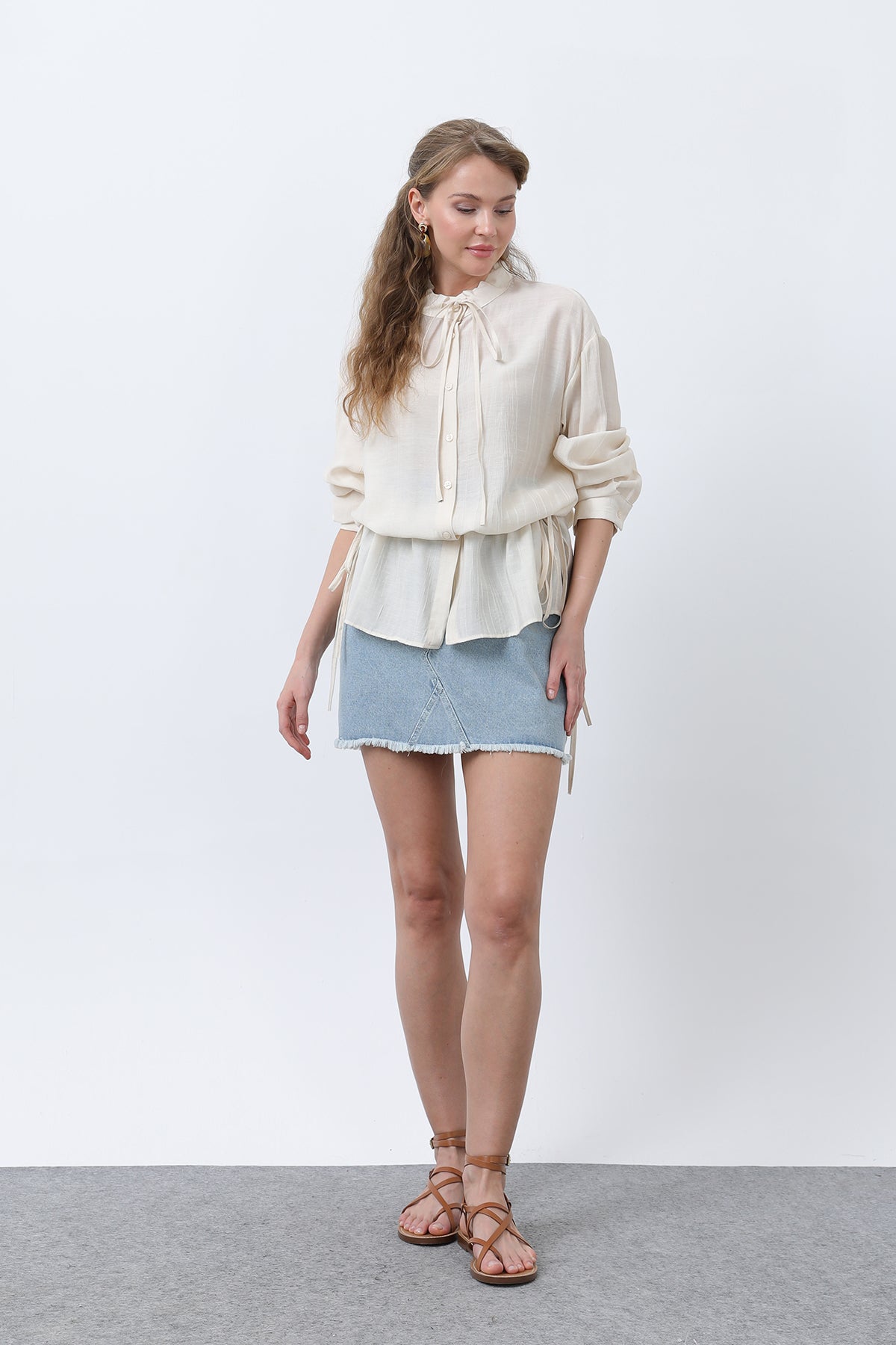 Kadın Bel Büzgü Detaylı Gömlek -32358GML BEIGE