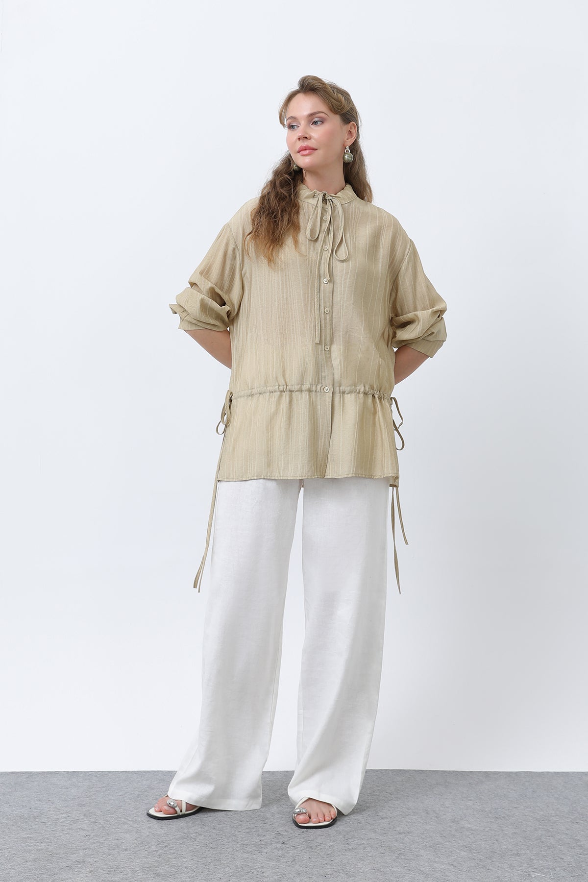 Kadın Bel Büzgü Detaylı Gömlek -32358GML OLIVE