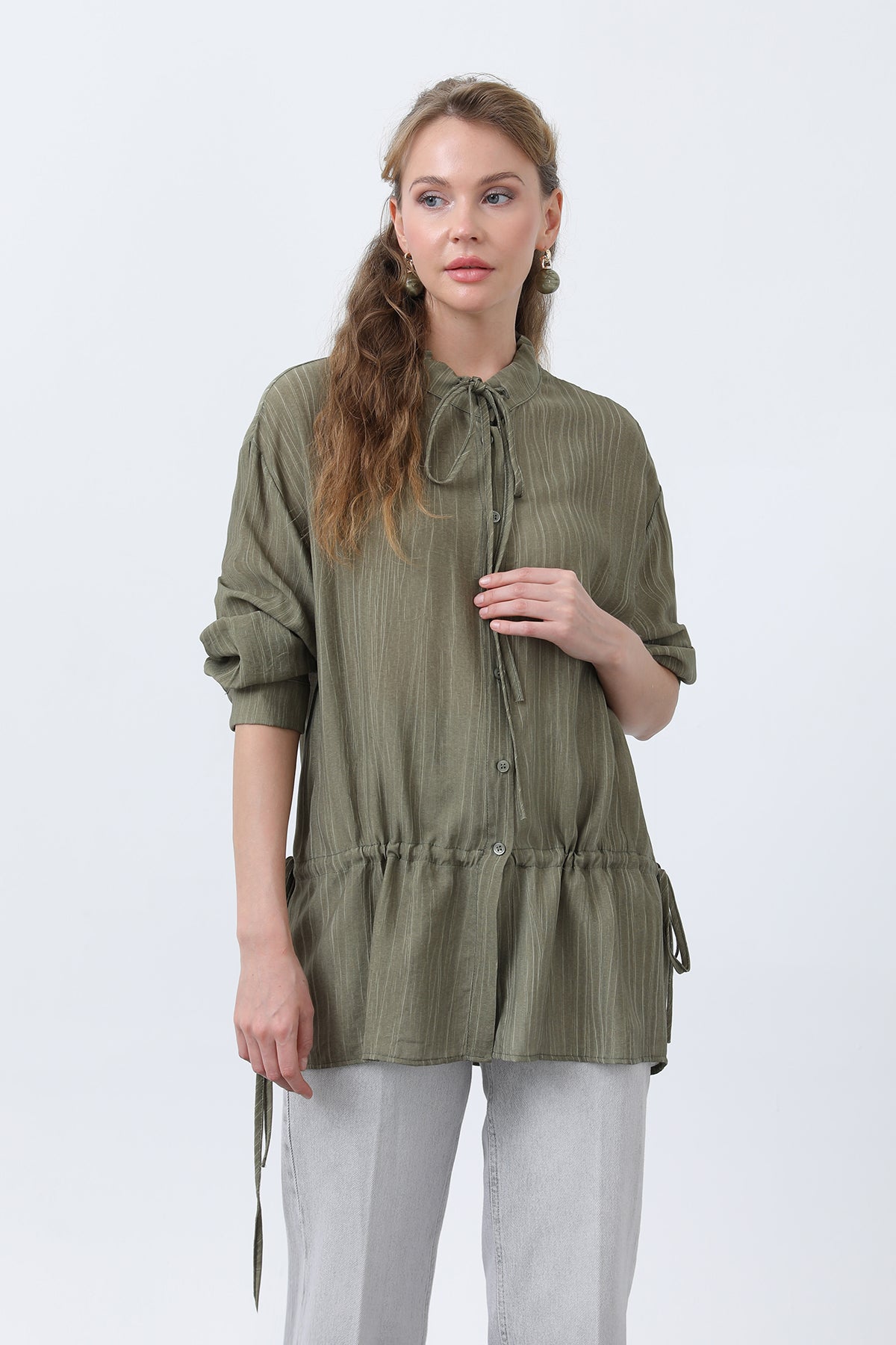 Kadın Bel Büzgü Detaylı Gömlek -32358GML KHAKI