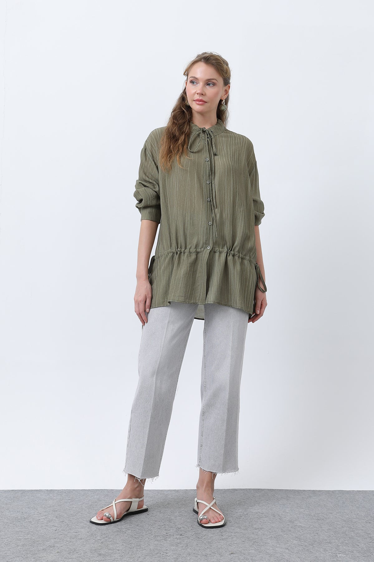 Kadın Bel Büzgü Detaylı Gömlek -32358GML KHAKI