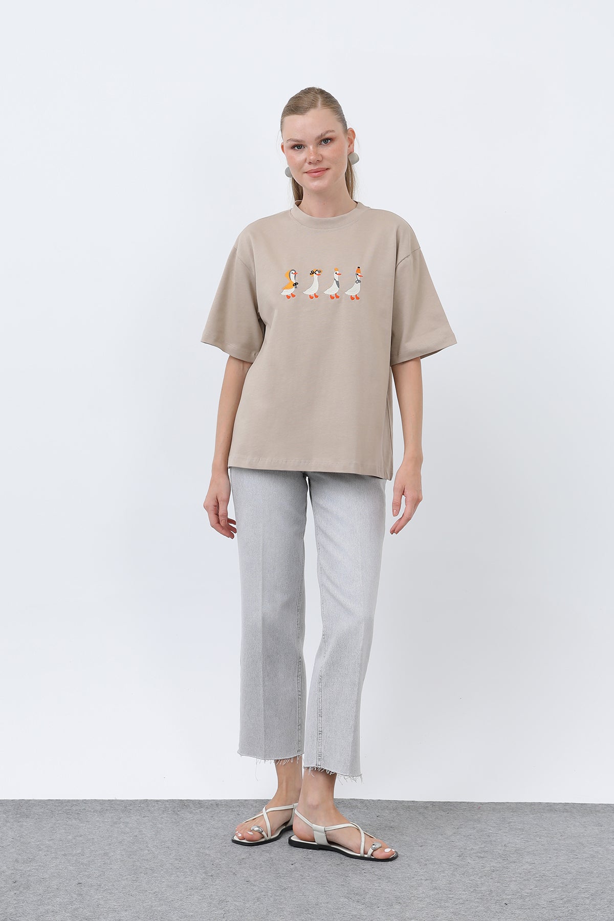 Kadın Ördek Desenli Tişört BEIGE