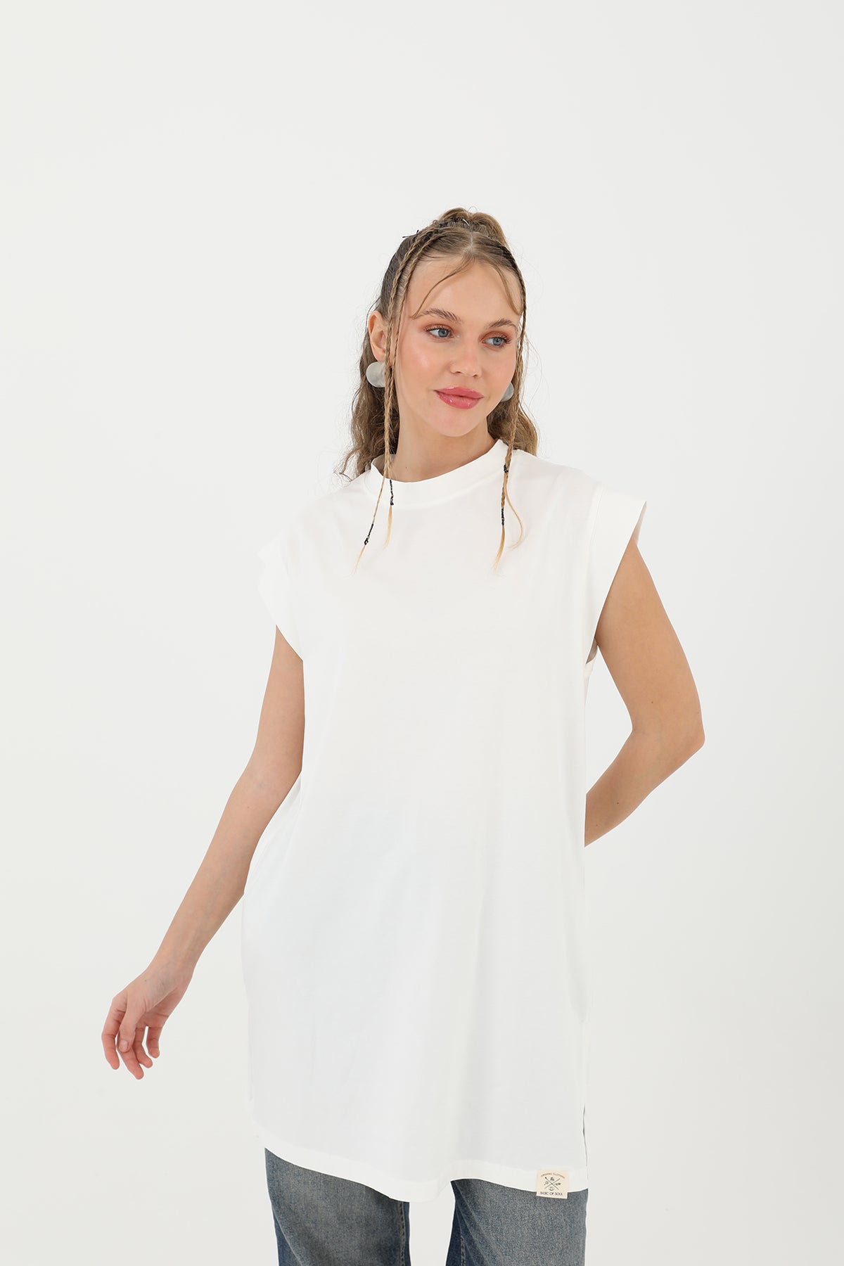 Kadın Basic Kolsuz T-shirt - 30725TUN ECRU