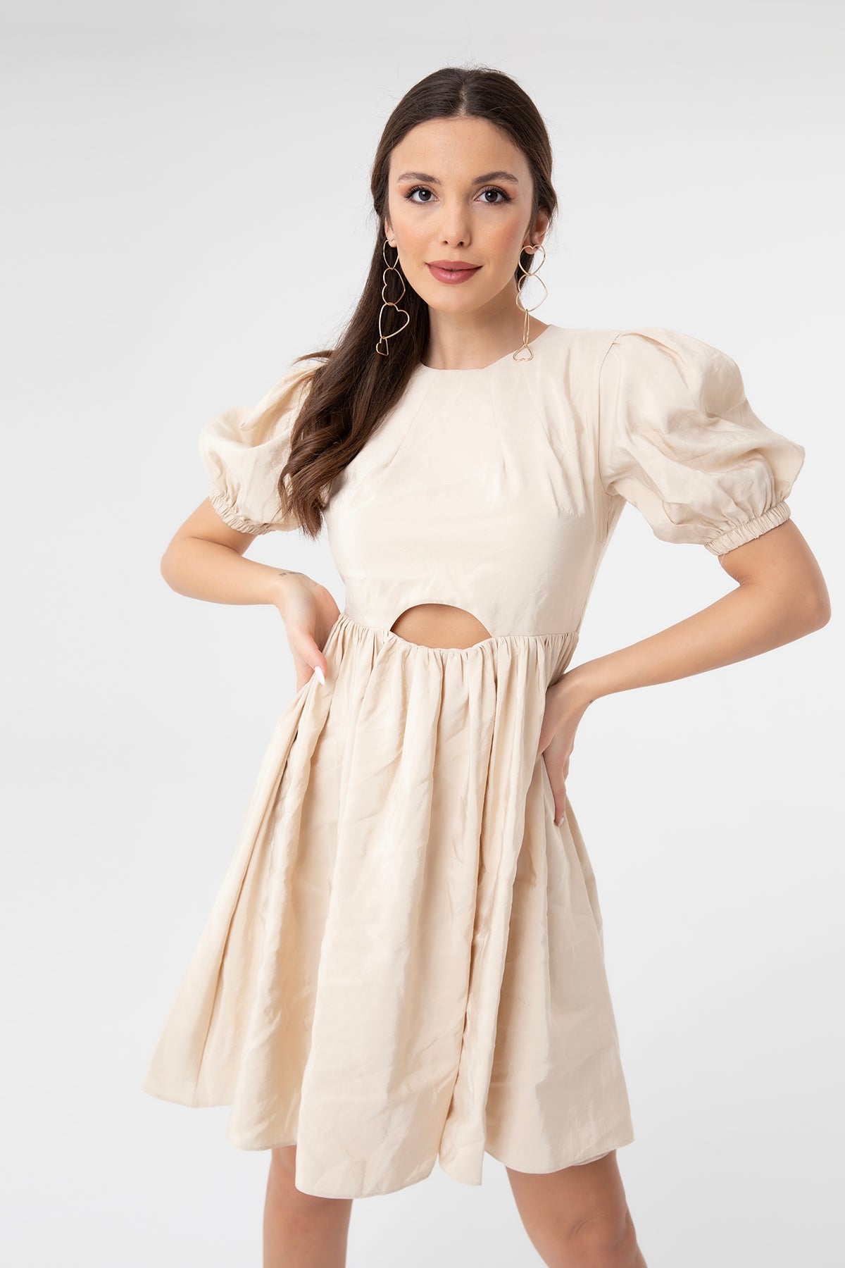 Kadın Poplin Yarım Kol Elbise - 31069ELB BEIGE