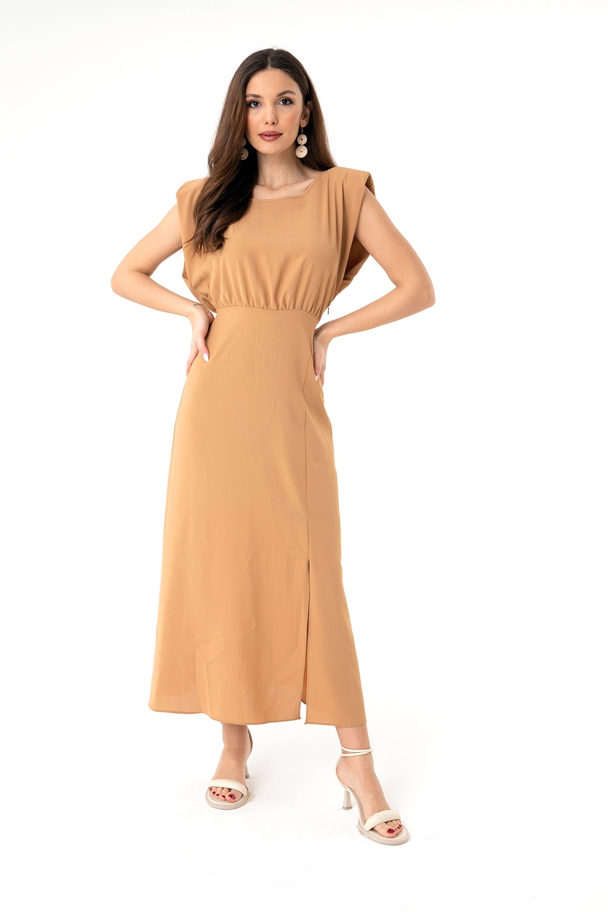 Kadın Slip Detaylı Midi Elbise - 31110ELB LATTE