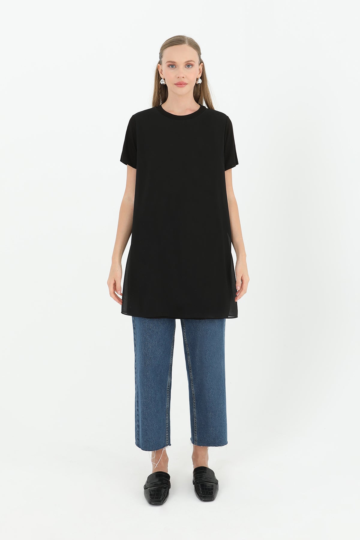 Kadın Basic Uzun T-Shirt -10271TUN BLACK