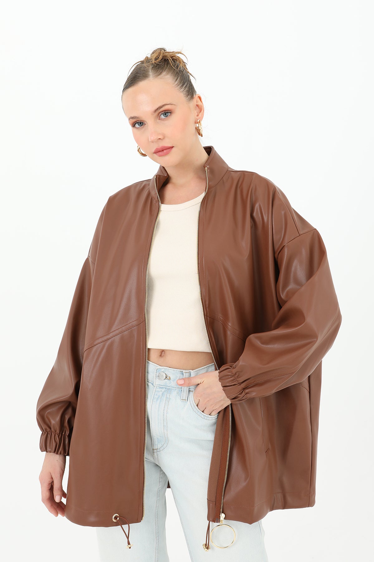 Deri Önden Fermuarlı Mont - 15120MNT BROWN