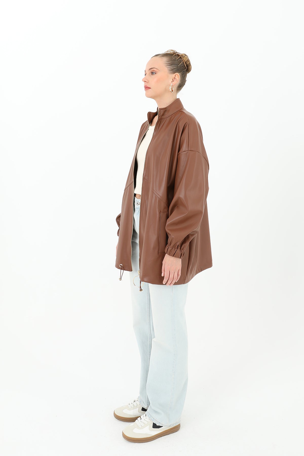 Deri Önden Fermuarlı Mont - 15120MNT BROWN