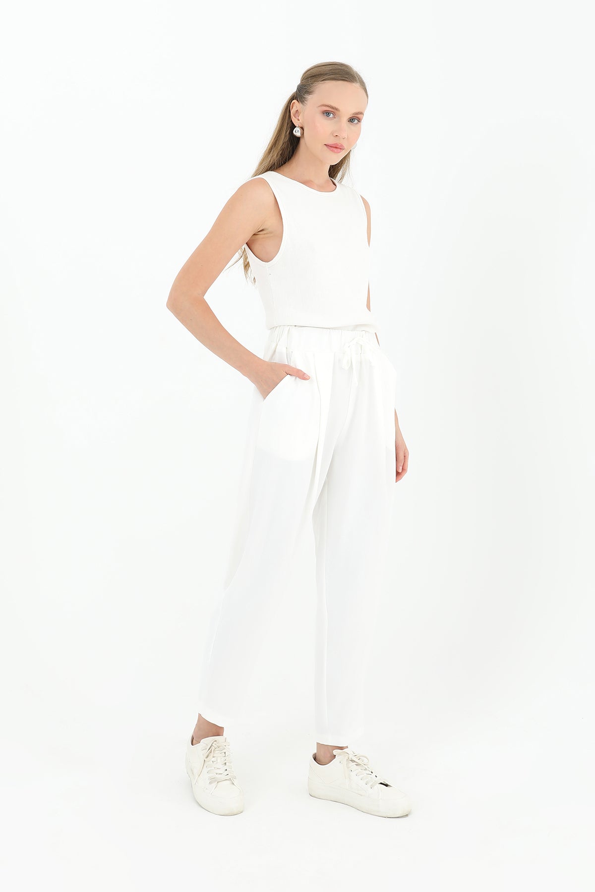 Kadın Beli Bağlamalı Havuç Form Pantolon - 18102PNT ECRU