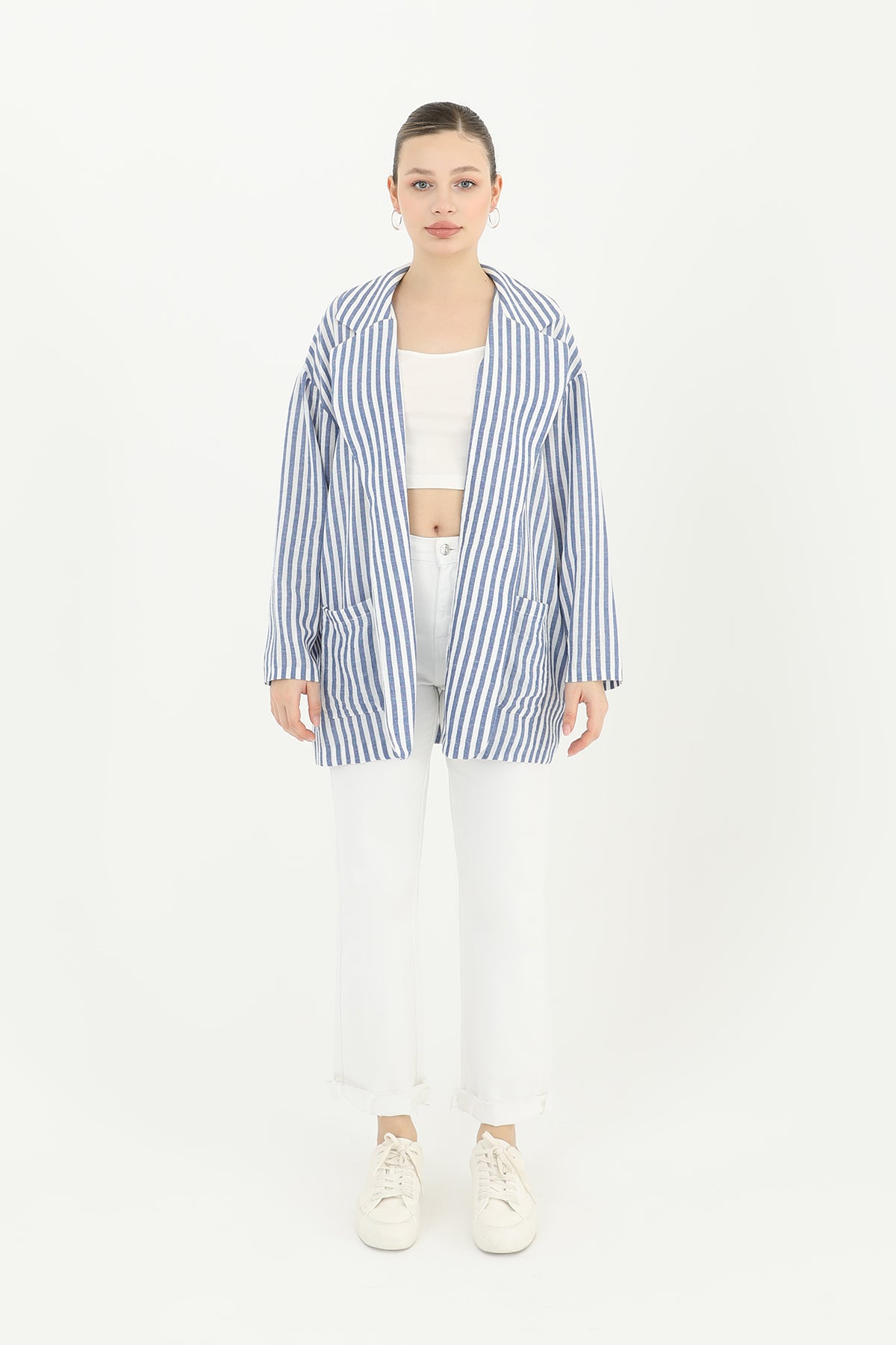 Kadın Çizgili Keten Ceket  - 10433CKT INDIGO